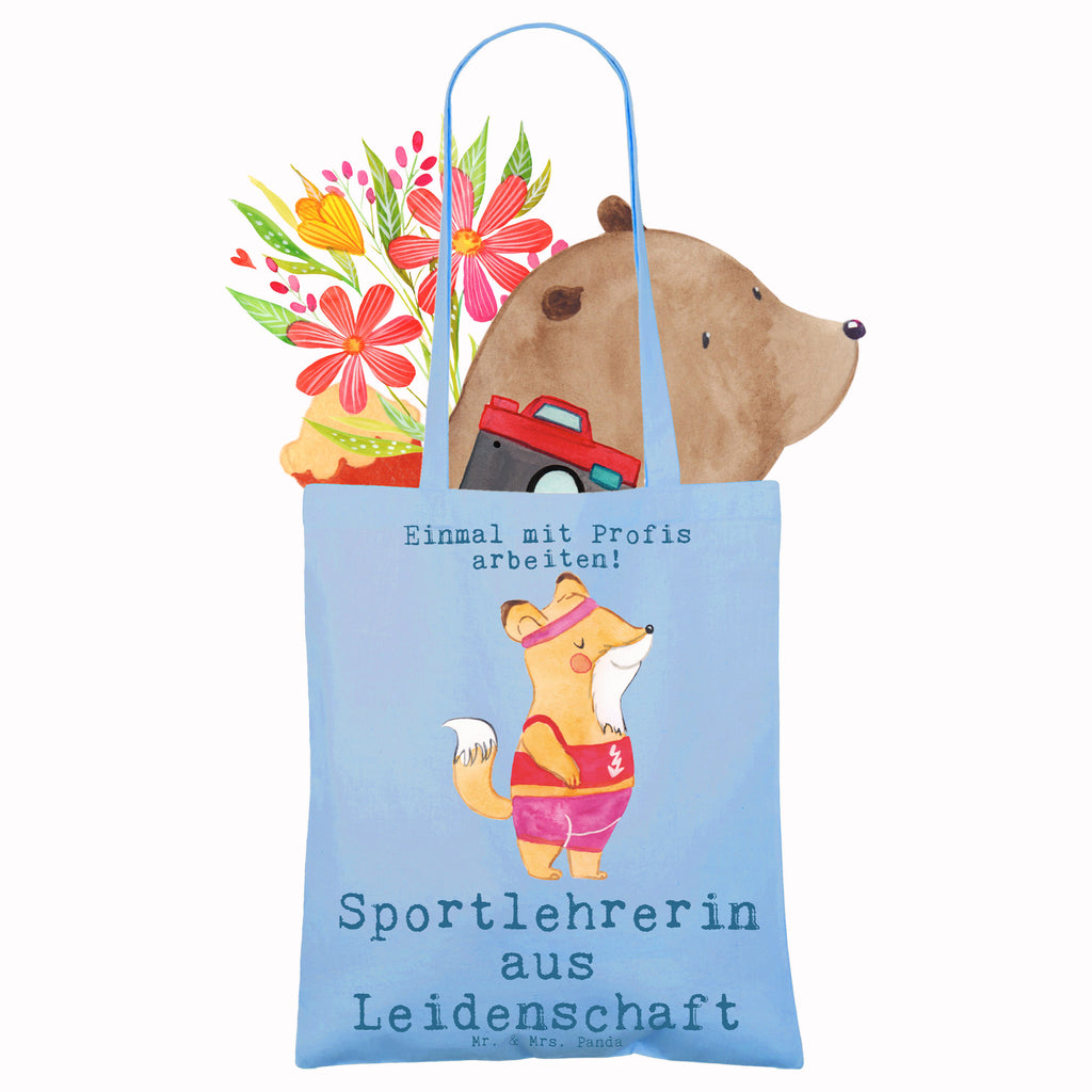 Tragetasche Sportlehrerin aus Leidenschaft Beuteltasche, Beutel, Einkaufstasche, Jutebeutel, Stoffbeutel, Tasche, Shopper, Umhängetasche, Strandtasche, Schultertasche, Stofftasche, Tragetasche, Badetasche, Jutetasche, Einkaufstüte, Laptoptasche, Beruf, Ausbildung, Jubiläum, Abschied, Rente, Kollege, Kollegin, Geschenk, Schenken, Arbeitskollege, Mitarbeiter, Firma, Danke, Dankeschön