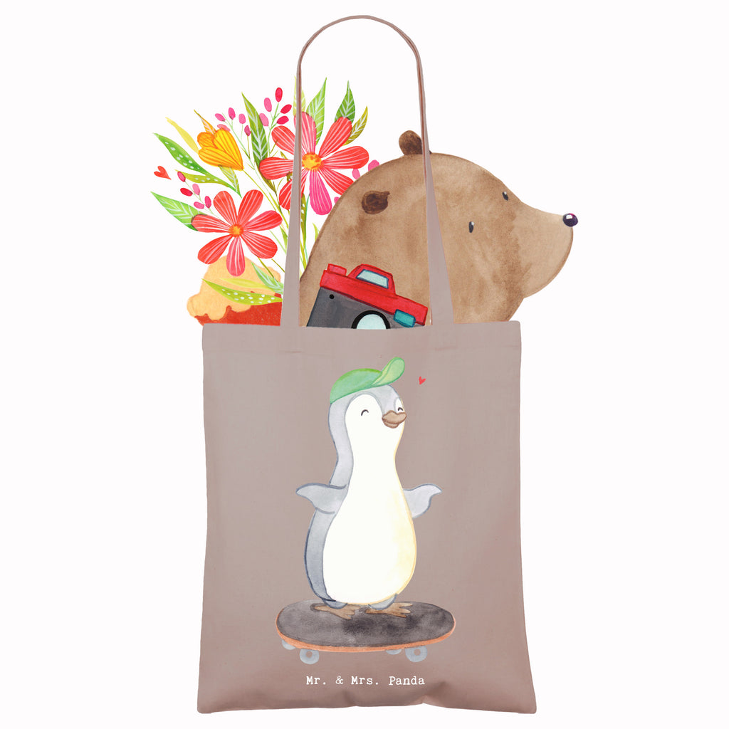 Tragetasche Pinguin Skateboarden Beuteltasche, Beutel, Einkaufstasche, Jutebeutel, Stoffbeutel, Tasche, Shopper, Umhängetasche, Strandtasche, Schultertasche, Stofftasche, Tragetasche, Badetasche, Jutetasche, Einkaufstüte, Laptoptasche, Geschenk, Sport, Sportart, Hobby, Schenken, Danke, Dankeschön, Auszeichnung, Gewinn, Sportler, Skateboarden, Skateboard fahren, Skaten, Skateboard, Skateplatz