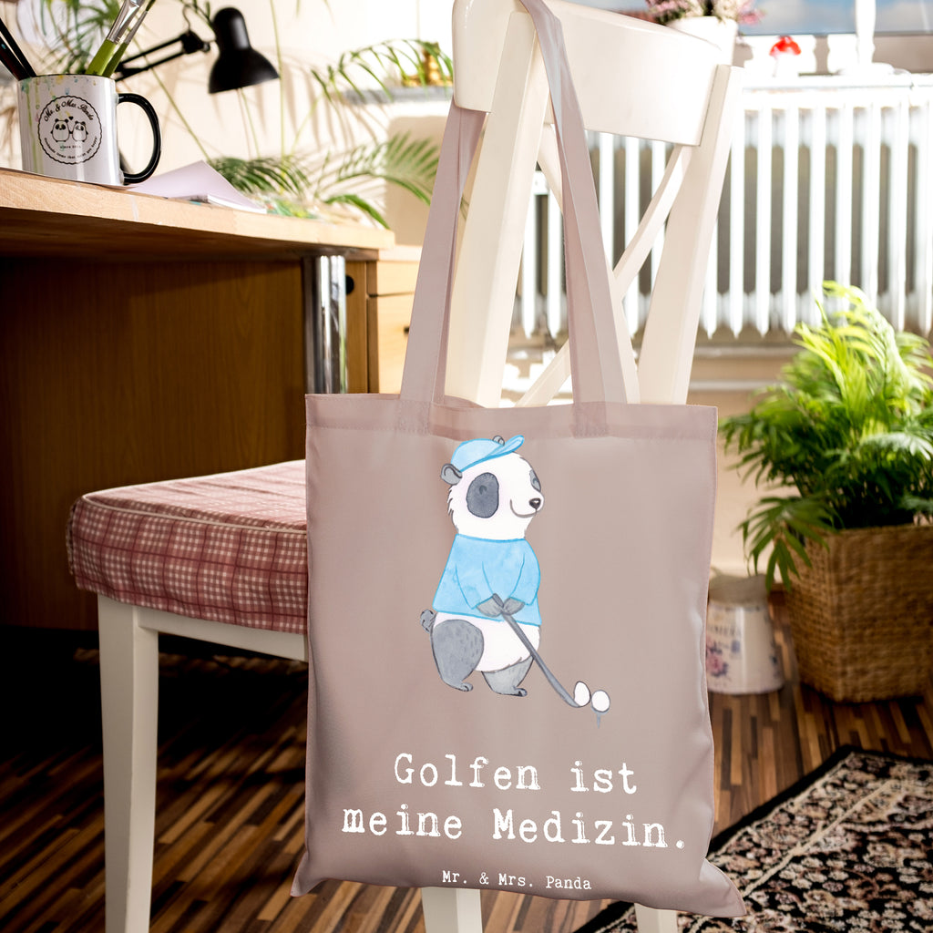 Tragetasche Panda Golfen Beuteltasche, Beutel, Einkaufstasche, Jutebeutel, Stoffbeutel, Tasche, Shopper, Umhängetasche, Strandtasche, Schultertasche, Stofftasche, Tragetasche, Badetasche, Jutetasche, Einkaufstüte, Laptoptasche, Geschenk, Sport, Sportart, Hobby, Schenken, Danke, Dankeschön, Auszeichnung, Gewinn, Sportler, Golfen, Golf spielen, Golfplatz, Golfturnier, Golf Verein