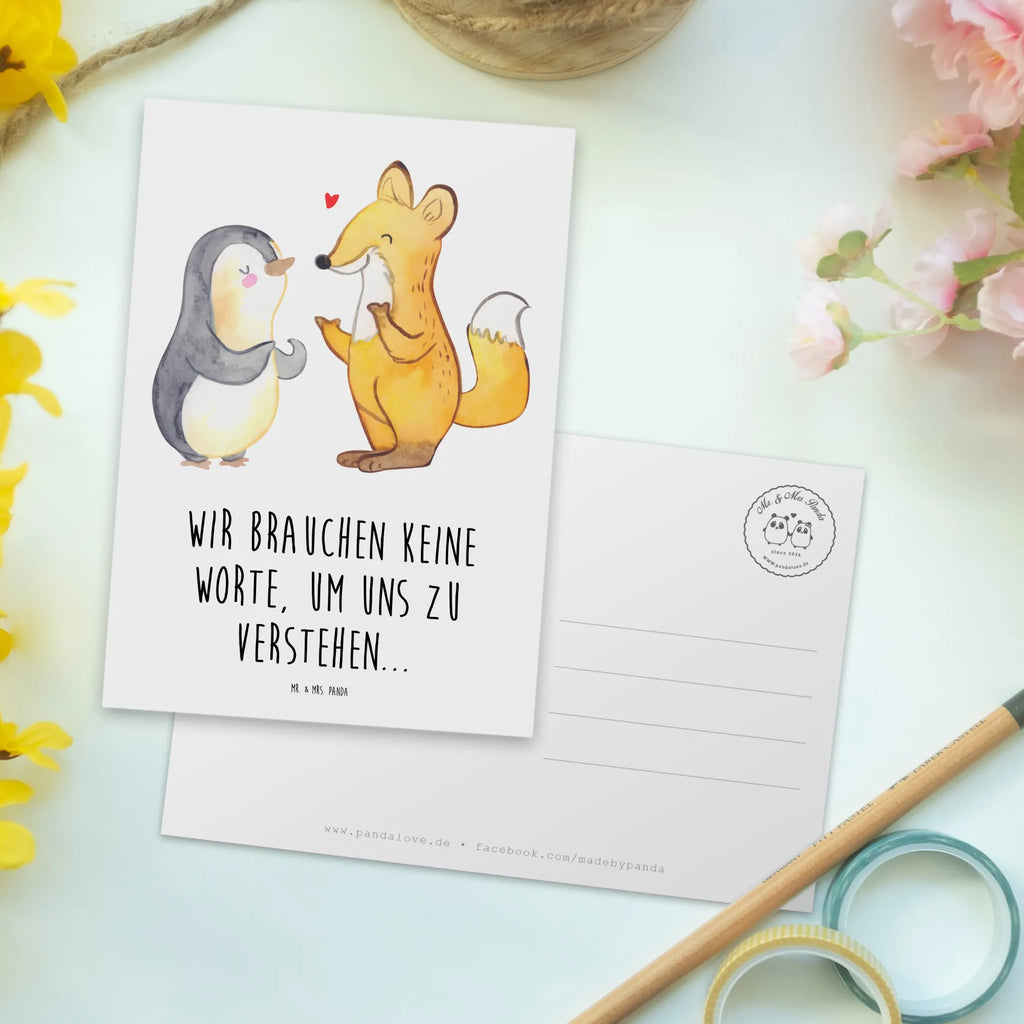 Postkarte Fuchs & Pinguin gehörlos Postkarte, Karte, Geschenkkarte, Grußkarte, Einladung, Ansichtskarte, Geburtstagskarte, Einladungskarte, Dankeskarte, Ansichtskarten, Einladung Geburtstag, Einladungskarten Geburtstag, Gebärdensprache, gehörlos, Fuchs, Pinguin