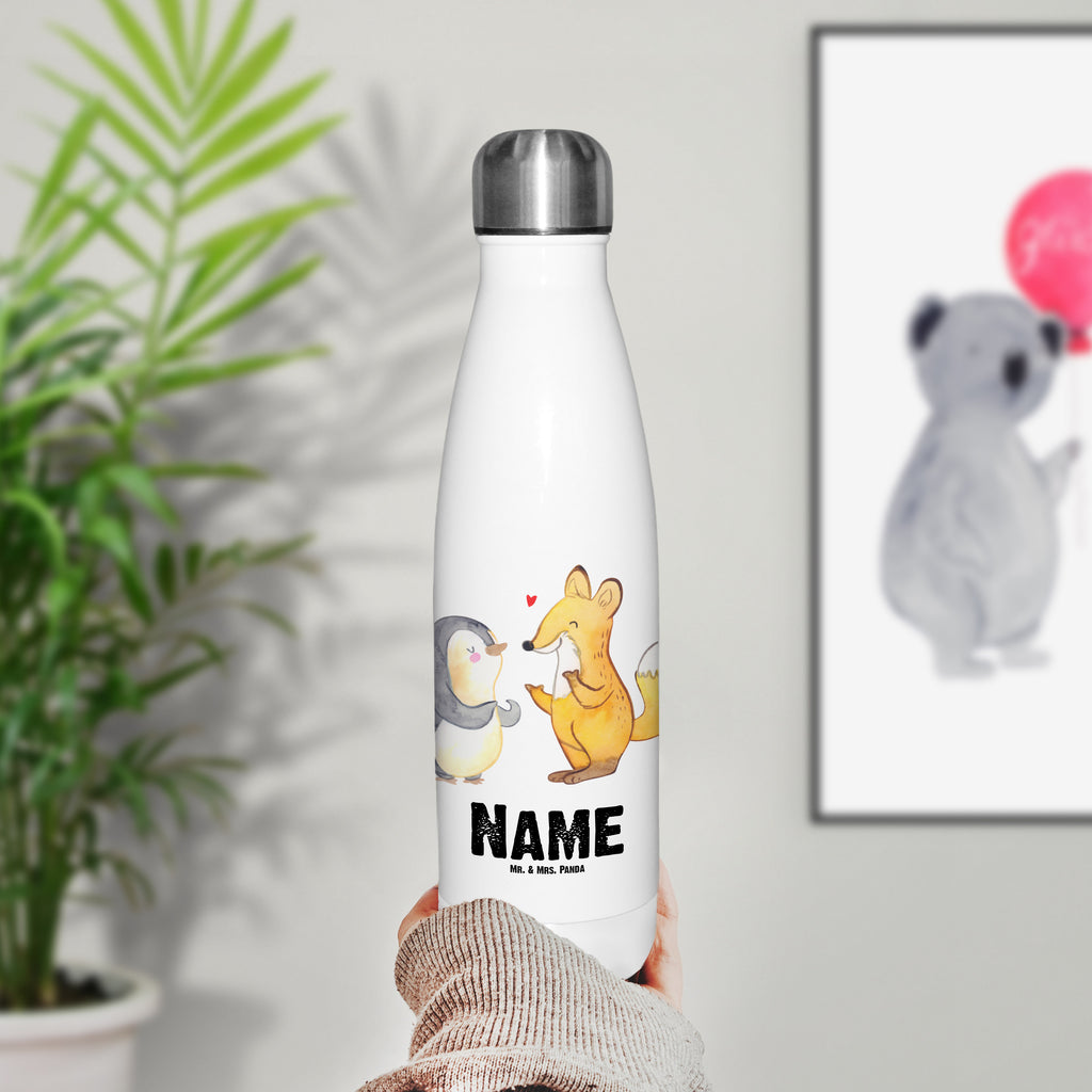 Personalisierte Thermosflasche Fuchs & Pinguin gehörlos Personalisierte Isolierflasche, Personalisierte Thermoflasche, Personalisierte Trinkflasche, Trinkflasche Mit Namen, Wunschname, Bedrucken, Namensflasche, Gebärdensprache, gehörlos, Fuchs, Pinguin