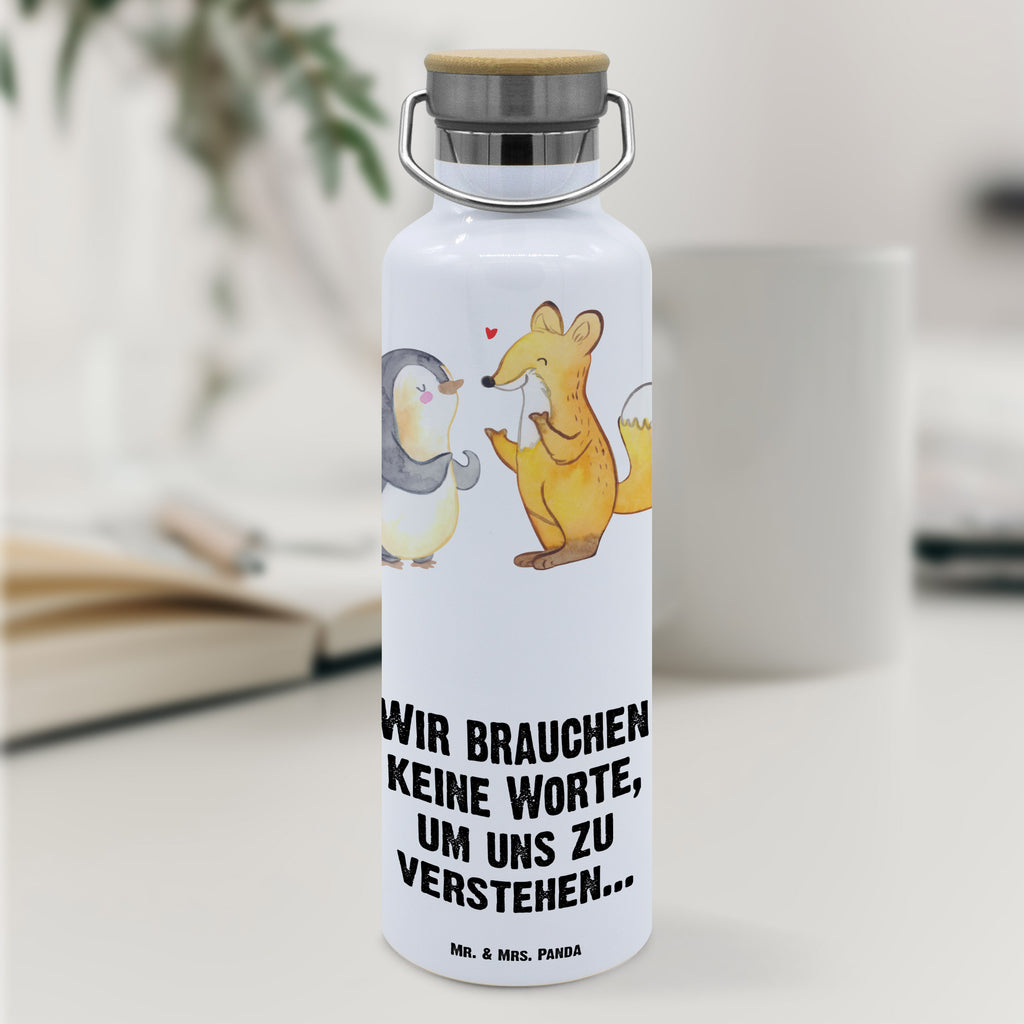 Trinkflasche Fuchs & Pinguin gehörlos Thermosflasche, Isolierflasche, Edelstahl, Trinkflasche, isoliert, Wamrhaltefunktion, Sportflasche, Flasche zum Sport, Sportlerflasche, Gebärdensprache, gehörlos, Fuchs, Pinguin