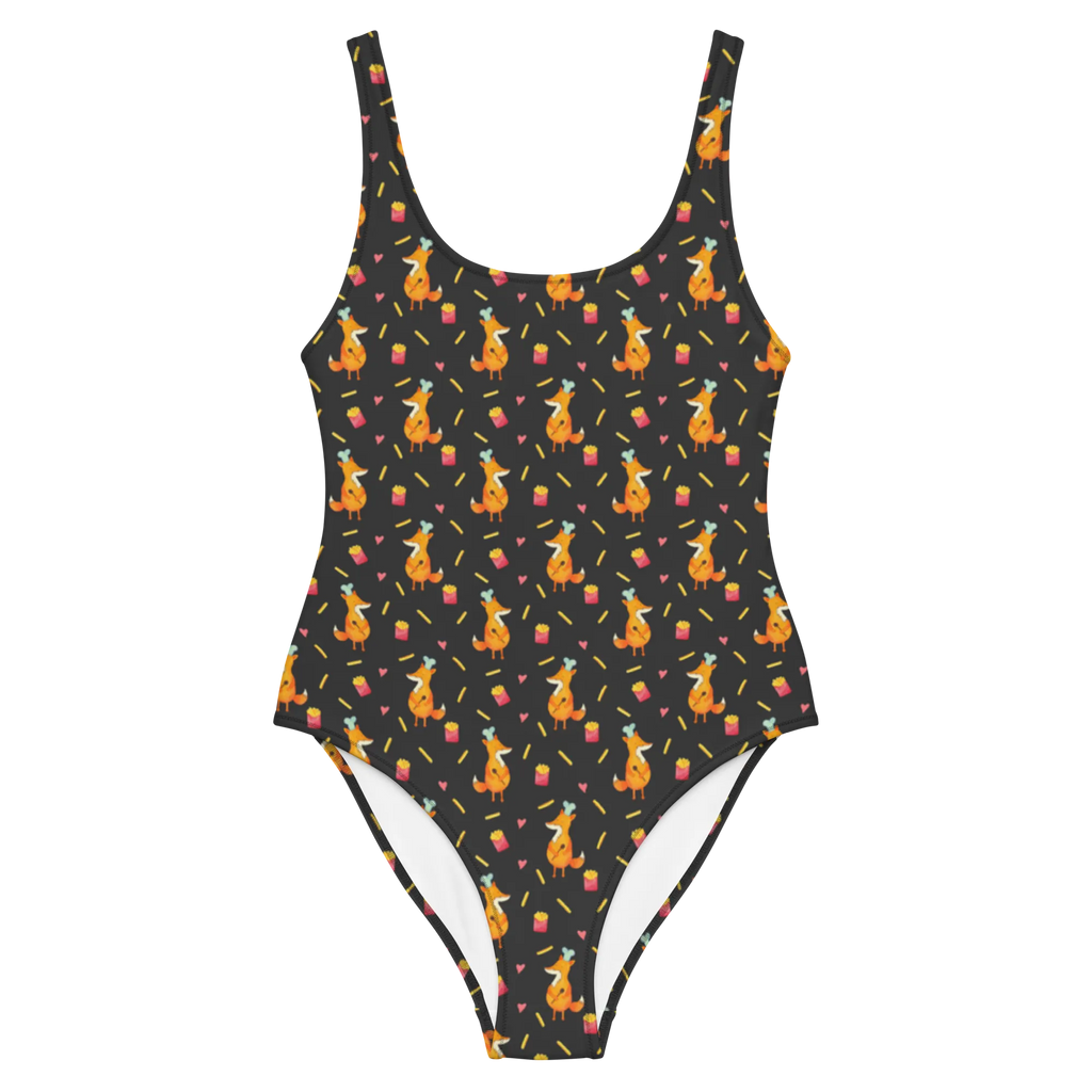 Badeanzug Fuchs Pommes Muster Badebekleidung, Bademode, Badeanzug, Swimsuit, Rückenfreier Badeanzug, Luxus-Bademode, Fuchs Muster, Pommes Muster, Pommes, Fuchs, Pomes Frites