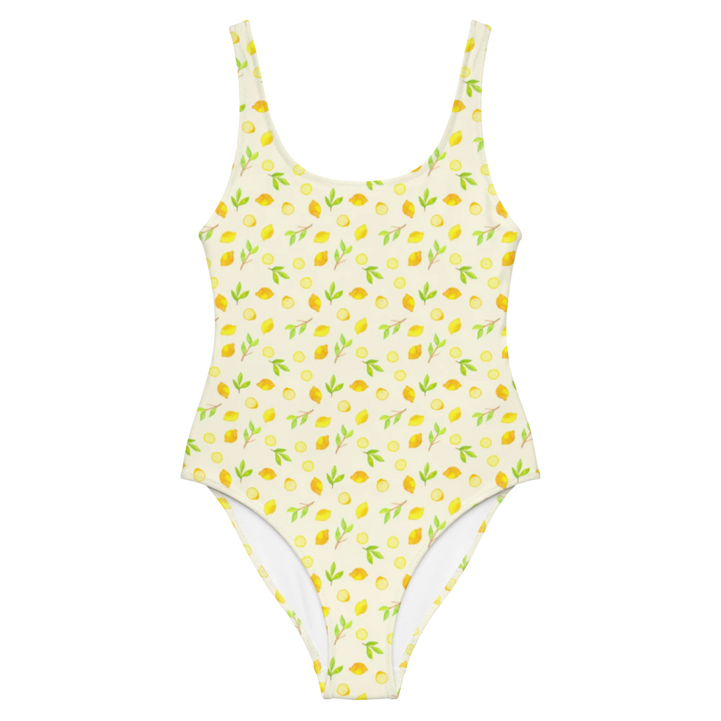 Badeanzug Frische Zitronen Muster Badebekleidung, Bademode, Badeanzug, Swimsuit, Rückenfreier Badeanzug, Luxus-Bademode, Zitronen Muster, Zitrusfrüchte Muster, Zitrone