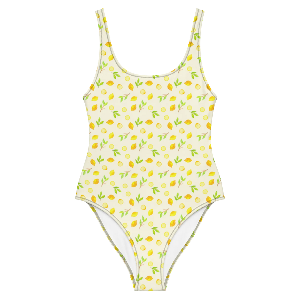 Badeanzug Frische Zitronen Muster Badebekleidung, Bademode, Badeanzug, Swimsuit, Rückenfreier Badeanzug, Luxus-Bademode, Zitronen Muster, Zitrusfrüchte Muster, Zitrone