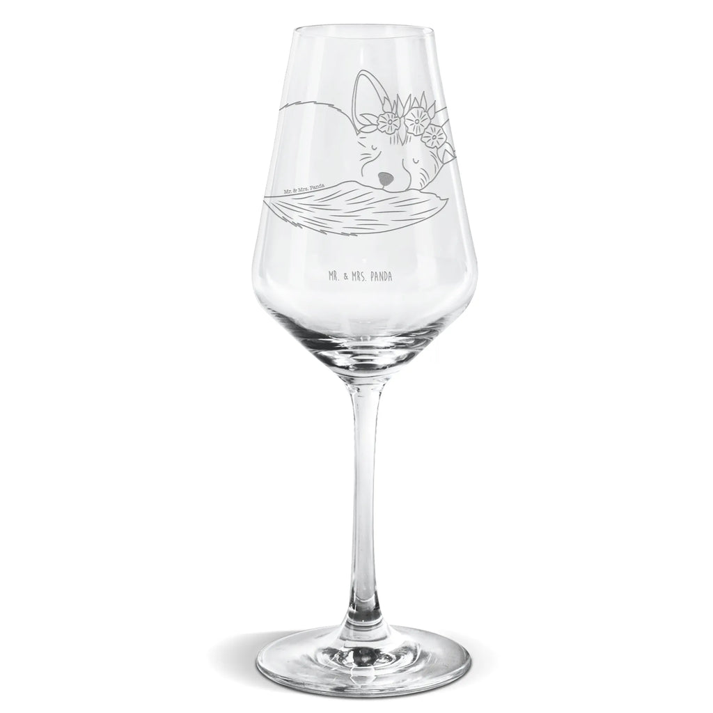 Weißwein Glas Wüstenfuchs Blumenkranz Weißweinglas, Weinglas, Weißwein Glas, Weinglas mit Gravur, Geschenk für Weinliebhaber, Spülmaschinenfeste Weingläser, Hochwertige Weinaccessoires, Afrika, Wildtiere, Wüste, Wüstenfuchs, Blumen, Blumenkranz, Glücklich