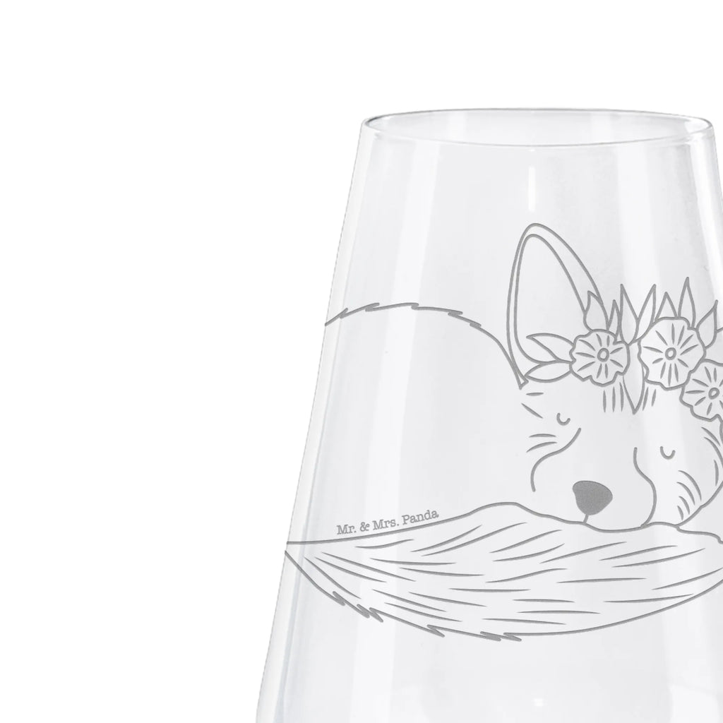 Weißwein Glas Wüstenfuchs Blumenkranz Weißweinglas, Weinglas, Weißwein Glas, Weinglas mit Gravur, Geschenk für Weinliebhaber, Spülmaschinenfeste Weingläser, Hochwertige Weinaccessoires, Afrika, Wildtiere, Wüste, Wüstenfuchs, Blumen, Blumenkranz, Glücklich