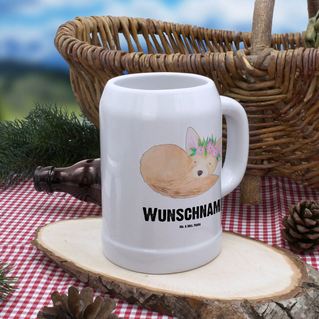 Personalisierter Bierkrug Wüstenfuchs Blumen Bierkrug mit Namen, Bierkrug personalisieren, Bierglas mit Namen, Personalisierung, Bedrucken, Afrika, Wildtiere, Wüste, Wüstenfuchs, Blumen, Blumenkranz, Glücklich