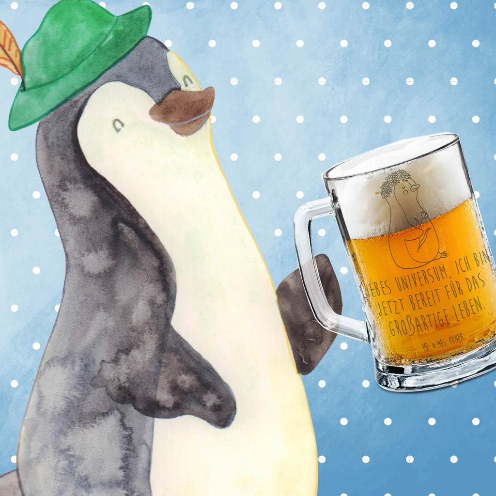 Gravur Bierkrug Pinguin Blumen Bierkrug, Bier Krug, Bierkrug Glas, Vatertag, Pinguin, Pinguine, Blumenkranz, Universum, Leben, Wünsche, Ziele, Lebensziele, Motivation, Lebenslust, Liebeskummer, Geschenkidee