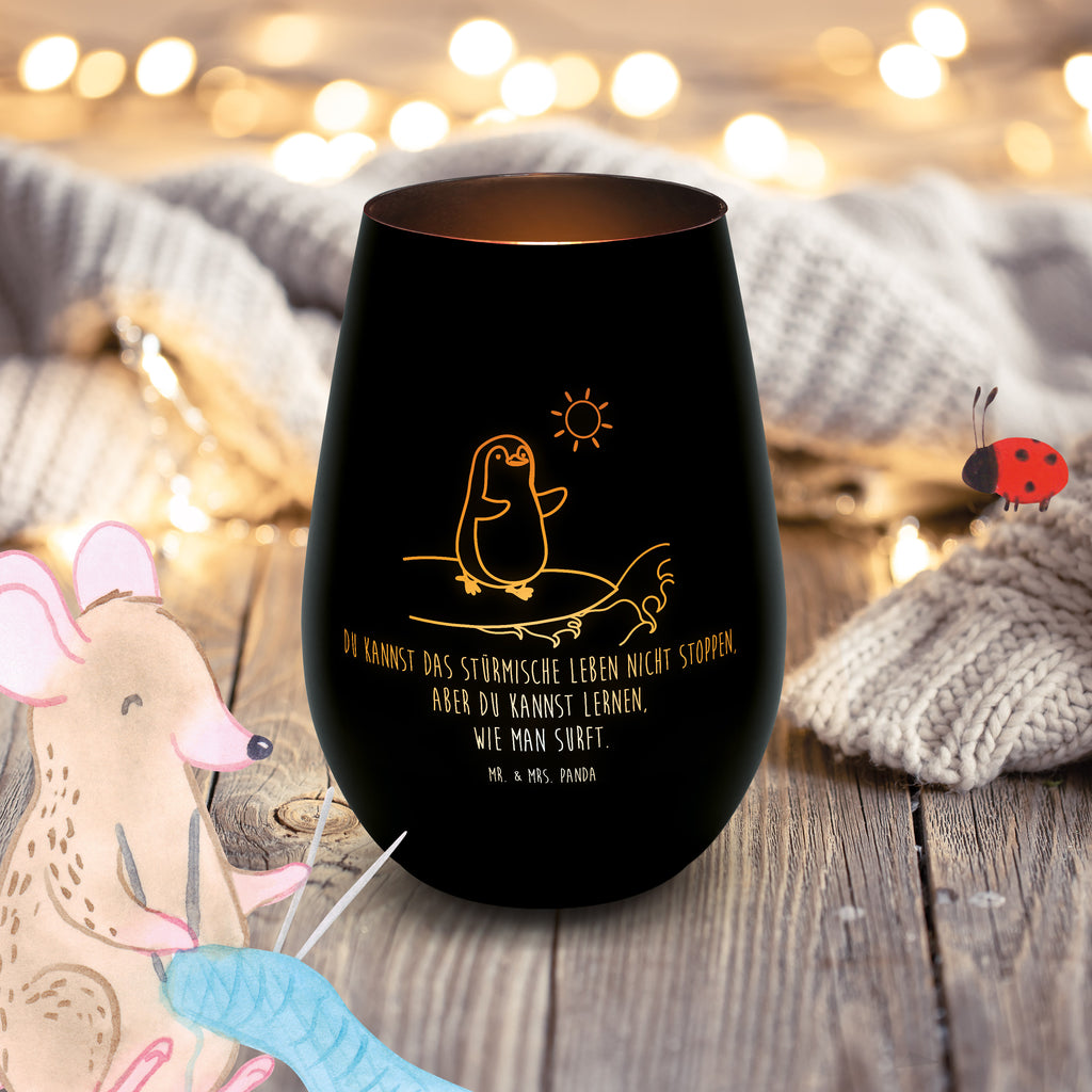 Gold Windlicht Pinguin Surfer Windlicht, Teelicht, Graviertes Windlicht, Windlicht Gravur, Kerze, Windlicht aus Glas, Teelicht aus Glas, Pinguin, Pinguine, surfen, Surfer, Hawaii, Urlaub, Wellen, Wellen reiten, Portugal