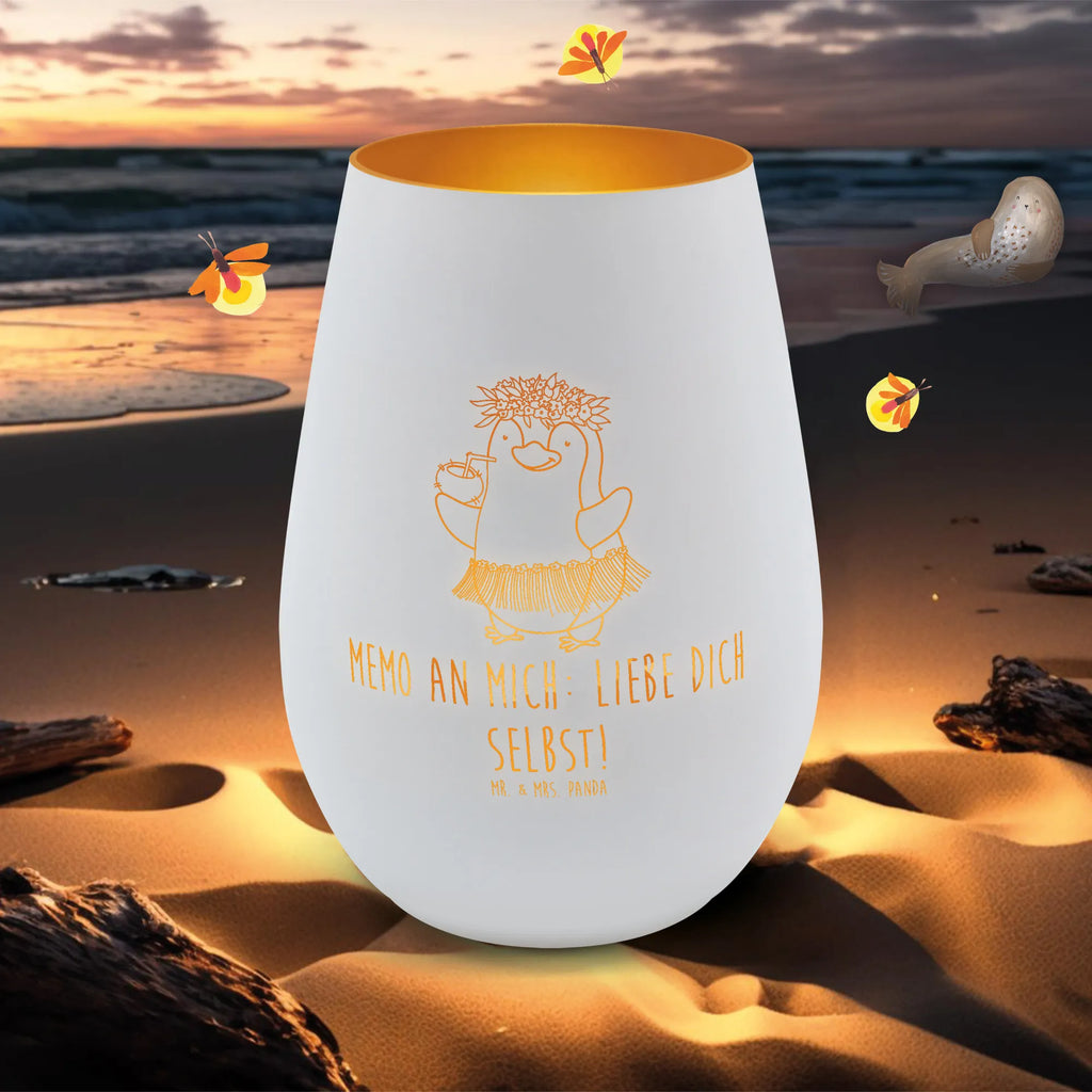 Gold Windlicht Pinguin Kokosnuss Windlicht, Teelicht, Graviertes Windlicht, Windlicht Gravur, Kerze, Windlicht aus Glas, Teelicht aus Glas, Pinguin, Aloha, Hawaii, Urlaub, Kokosnuss, Pinguine