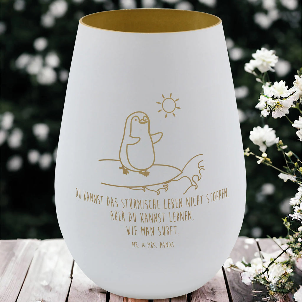 Gold Windlicht Pinguin Surfer Windlicht, Teelicht, Graviertes Windlicht, Windlicht Gravur, Kerze, Windlicht aus Glas, Teelicht aus Glas, Pinguin, Pinguine, surfen, Surfer, Hawaii, Urlaub, Wellen, Wellen reiten, Portugal