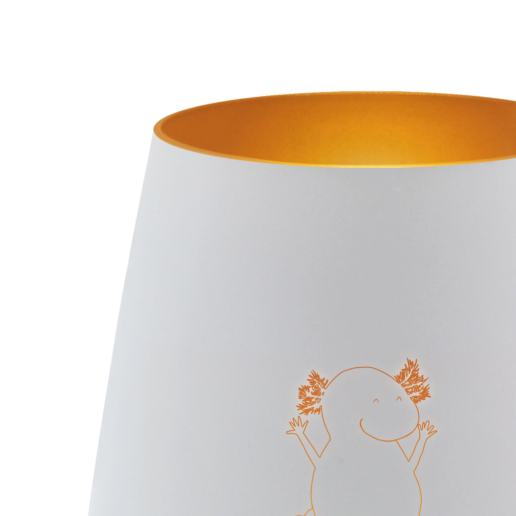 Gold Windlicht Axolotl Hurra Windlicht, Teelicht, Graviertes Windlicht, Windlicht Gravur, Kerze, Windlicht aus Glas, Teelicht aus Glas, Axolotl, Molch, Axolot, Schwanzlurch, Lurch, Lurche, fröhlich, Spaß, Freude, Motivation, Zufriedenheit