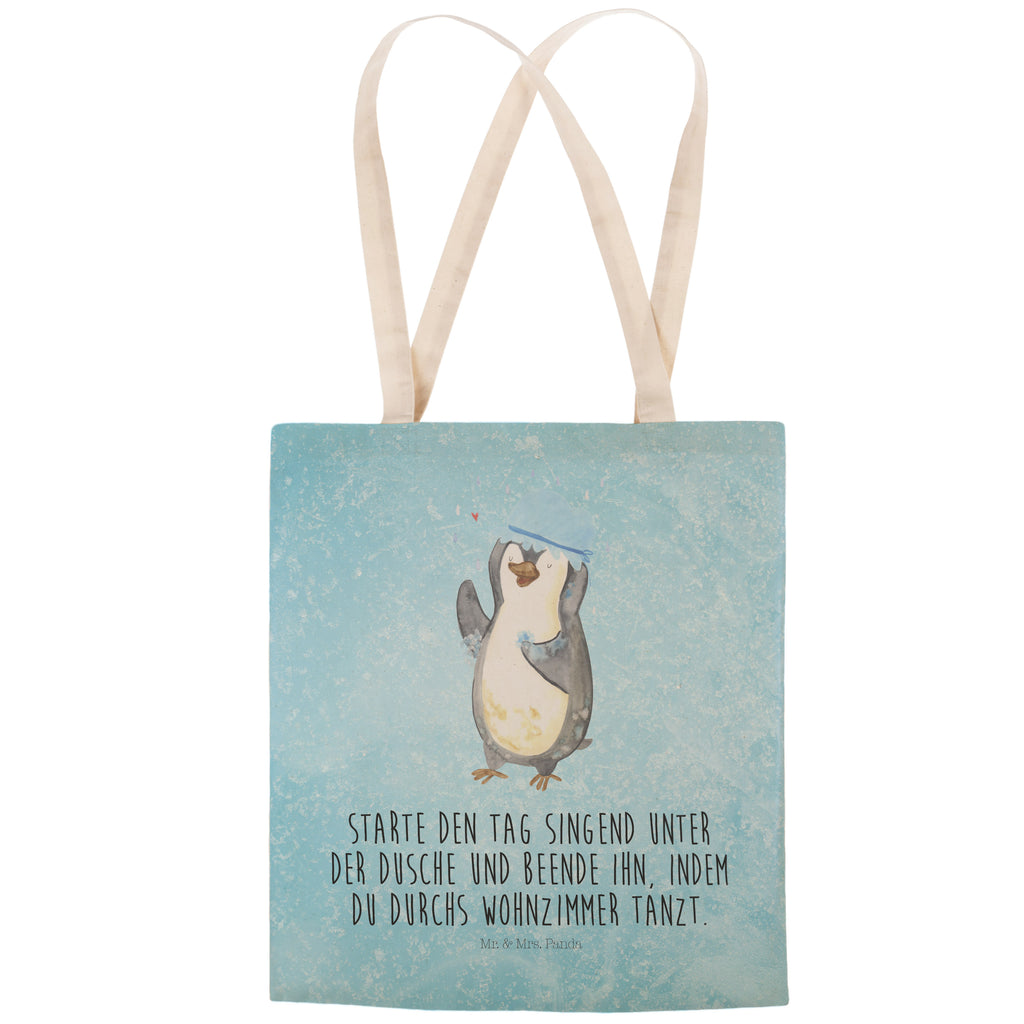 Einkaufstasche Pinguin Duschen Tragetasche, Tasche, Beutel, Stofftasche, Baumwolltasche, Umhängetasche, Shopper, Einkaufstasche, Beuteltasche, Pinguin, Pinguine, Dusche, duschen, Lebensmotto, Motivation, Neustart, Neuanfang, glücklich sein