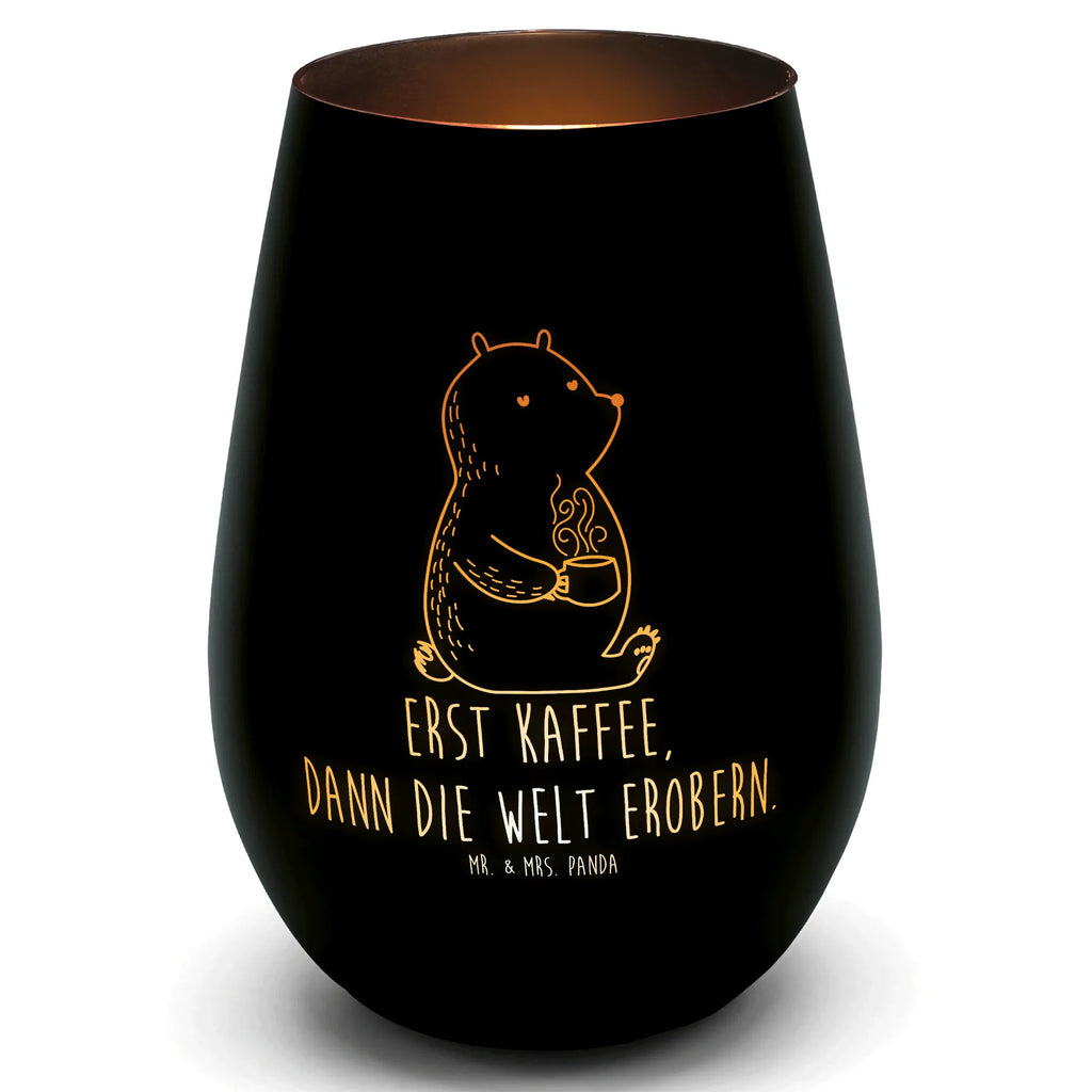 Gold Windlicht Bär Kaffee Windlicht, Teelicht, Graviertes Windlicht, Windlicht Gravur, Kerze, Windlicht aus Glas, Teelicht aus Glas, Bär, Teddy, Teddybär, Kaffee, Coffee, Bären, guten Morgen, Morgenroutine, Welt erobern, Welt retten, Motivation