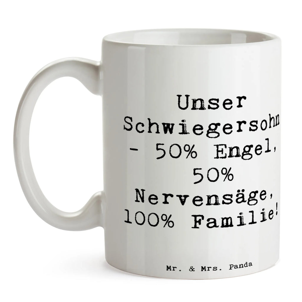 Tasse Spruch Unser Schwiegersohn. 50% Engel, 50% Nervensäge, 100% Familie! Tasse, Kaffeetasse, Teetasse, Becher, Kaffeebecher, Teebecher, Keramiktasse, Porzellantasse, Büro Tasse, Geschenk Tasse, Tasse Sprüche, Tasse Motive, Kaffeetassen, Tasse bedrucken, Designer Tasse, Cappuccino Tassen, Schöne Teetassen, Familie, Vatertag, Muttertag, Bruder, Schwester, Mama, Papa, Oma, Opa