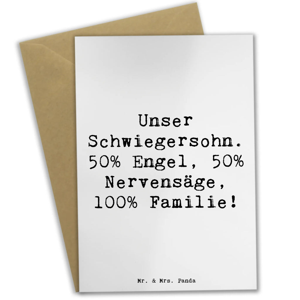 Grußkarte Spruch Unser Schwiegersohn. 50% Engel, 50% Nervensäge, 100% Familie! Grußkarte, Klappkarte, Einladungskarte, Glückwunschkarte, Hochzeitskarte, Geburtstagskarte, Karte, Ansichtskarten, Familie, Vatertag, Muttertag, Bruder, Schwester, Mama, Papa, Oma, Opa