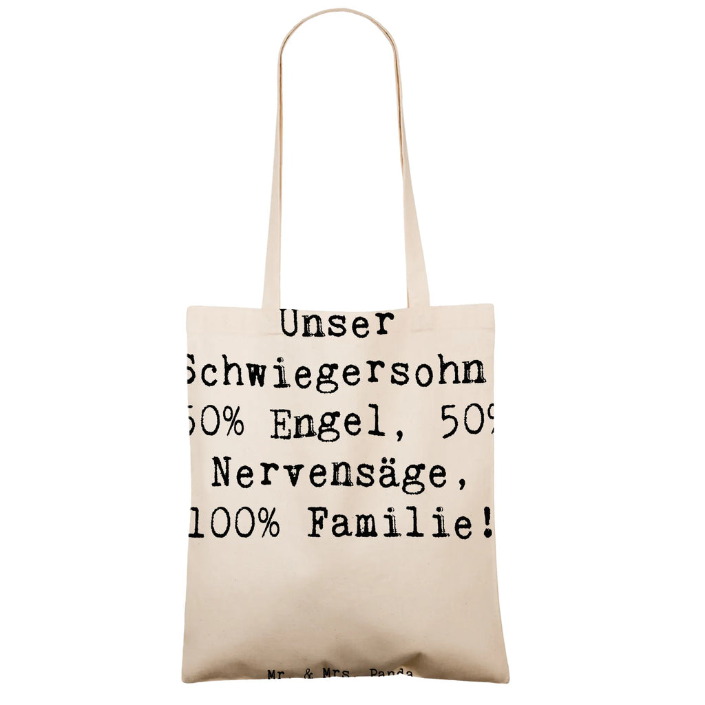 Tragetasche Spruch Unser Schwiegersohn. 50% Engel, 50% Nervensäge, 100% Familie! Beuteltasche, Beutel, Einkaufstasche, Jutebeutel, Stoffbeutel, Tasche, Shopper, Umhängetasche, Strandtasche, Schultertasche, Stofftasche, Tragetasche, Badetasche, Jutetasche, Einkaufstüte, Laptoptasche, Familie, Vatertag, Muttertag, Bruder, Schwester, Mama, Papa, Oma, Opa