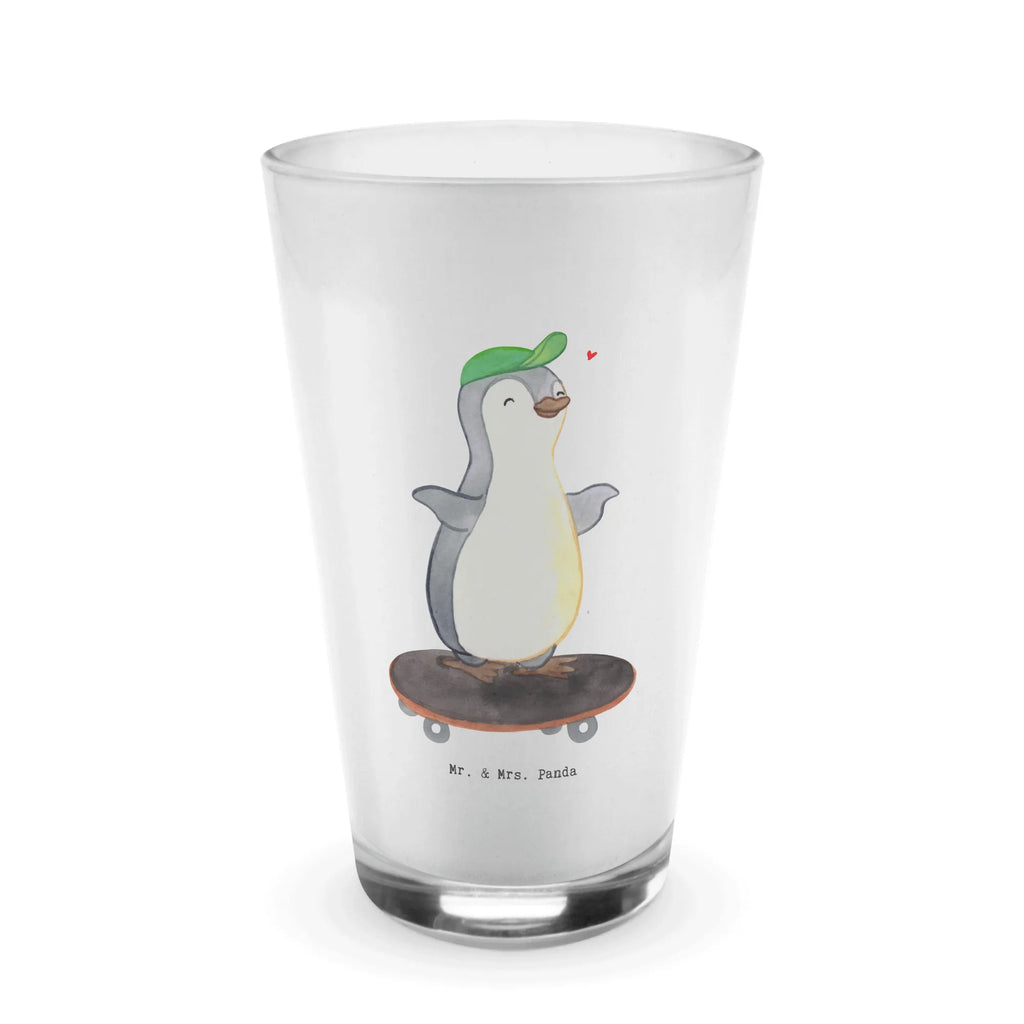 Glas Pinguin Skateboarden Cappuccino Glas, Glas, Cappuccino Tasse, Latte Macchiato, Geschenk, Sport, Sportart, Hobby, Schenken, Danke, Dankeschön, Auszeichnung, Gewinn, Sportler, Skateboarden, Skateboard fahren, Skaten, Skateboard, Skateplatz