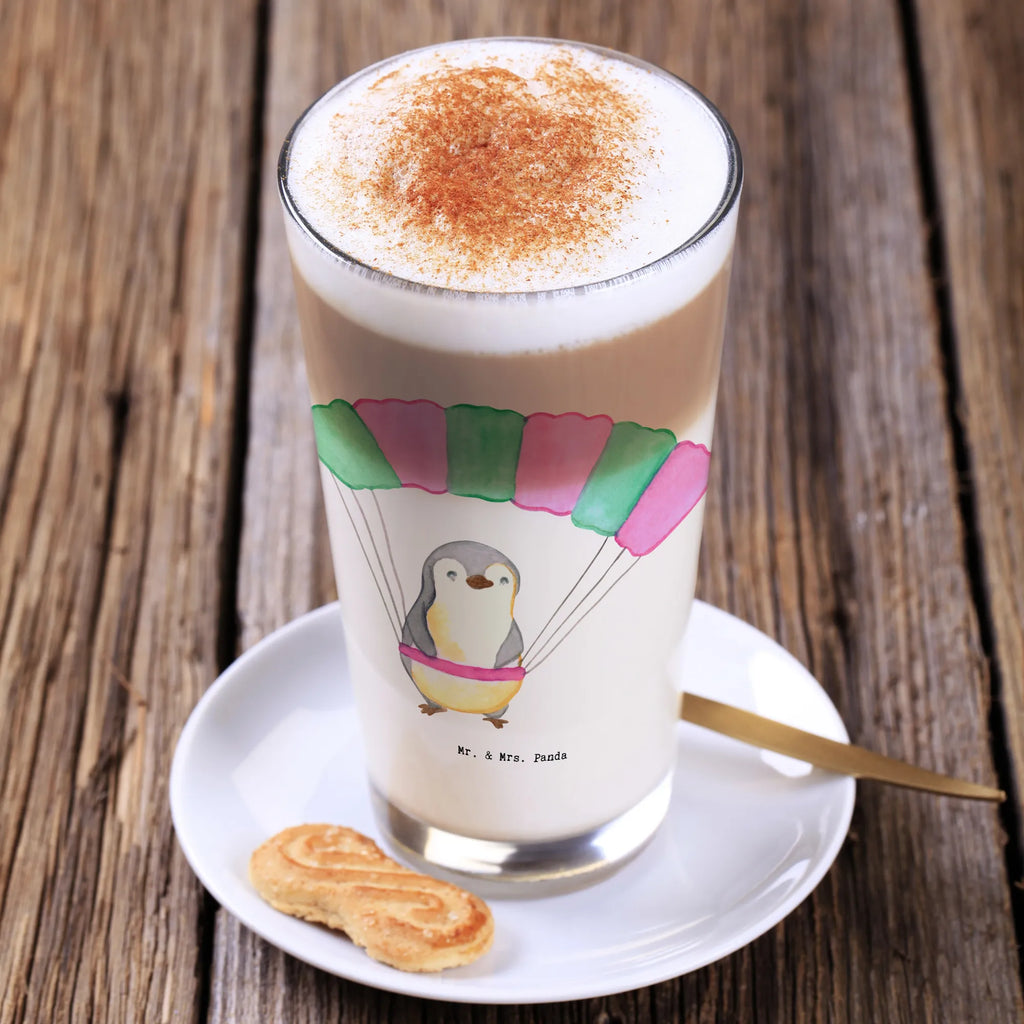 Glas Pinguin Fallschirm springen Cappuccino Glas, Glas, Cappuccino Tasse, Latte Macchiato, Geschenk, Sport, Sportart, Hobby, Schenken, Danke, Dankeschön, Auszeichnung, Gewinn, Sportler, Fallschirmspringen, Skydive, Fallschirmsprung