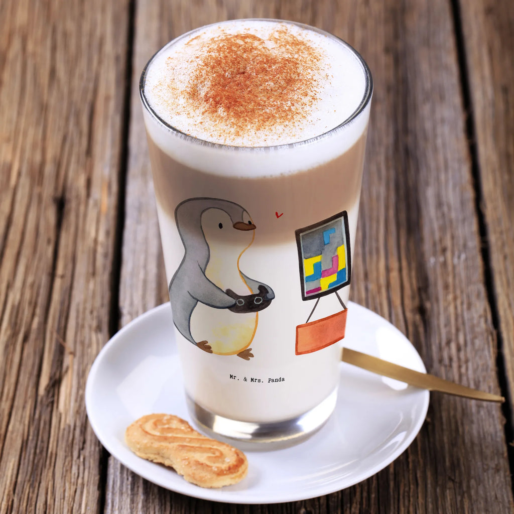 Glas Pinguin Zocken Cappuccino Glas, Glas, Cappuccino Tasse, Latte Macchiato, Geschenk, Sport, Sportart, Hobby, Schenken, Danke, Dankeschön, Auszeichnung, Gewinn, Sportler, Zocken, Gaming, Videospiele, Videogames