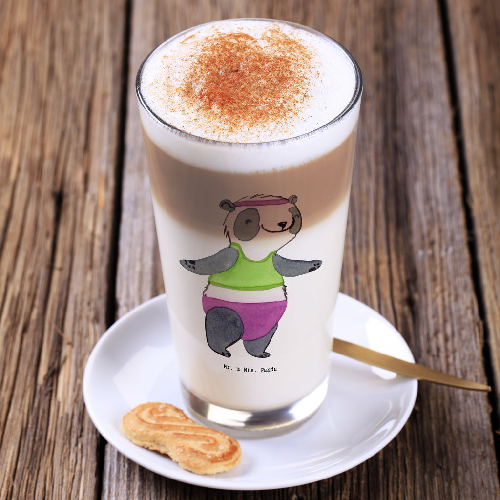 Glas Panda Aerobic Cappuccino Glas, Glas, Cappuccino Tasse, Latte Macchiato, Geschenk, Sport, Sportart, Hobby, Schenken, Danke, Dankeschön, Auszeichnung, Gewinn, Sportler, Aerobic, Aerobic Fitness, Fitnessstudio