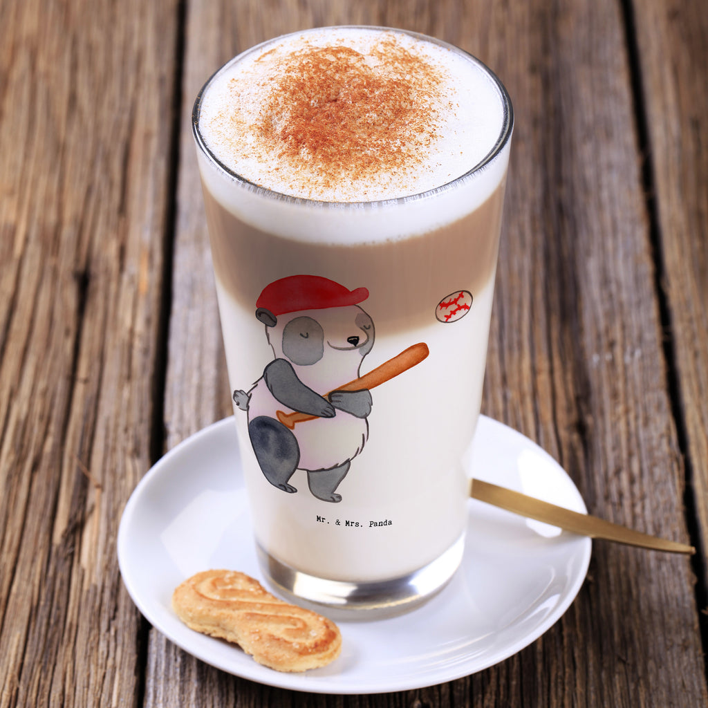 Glas Panda Baseball spielen Cappuccino Glas, Glas, Cappuccino Tasse, Latte Macchiato, Geschenk, Sport, Sportart, Hobby, Schenken, Danke, Dankeschön, Auszeichnung, Gewinn, Sportler, Baseball spielen, Baseball Spielen, Baseball Match, Ballsport, Baseballplatz, Baseballverein