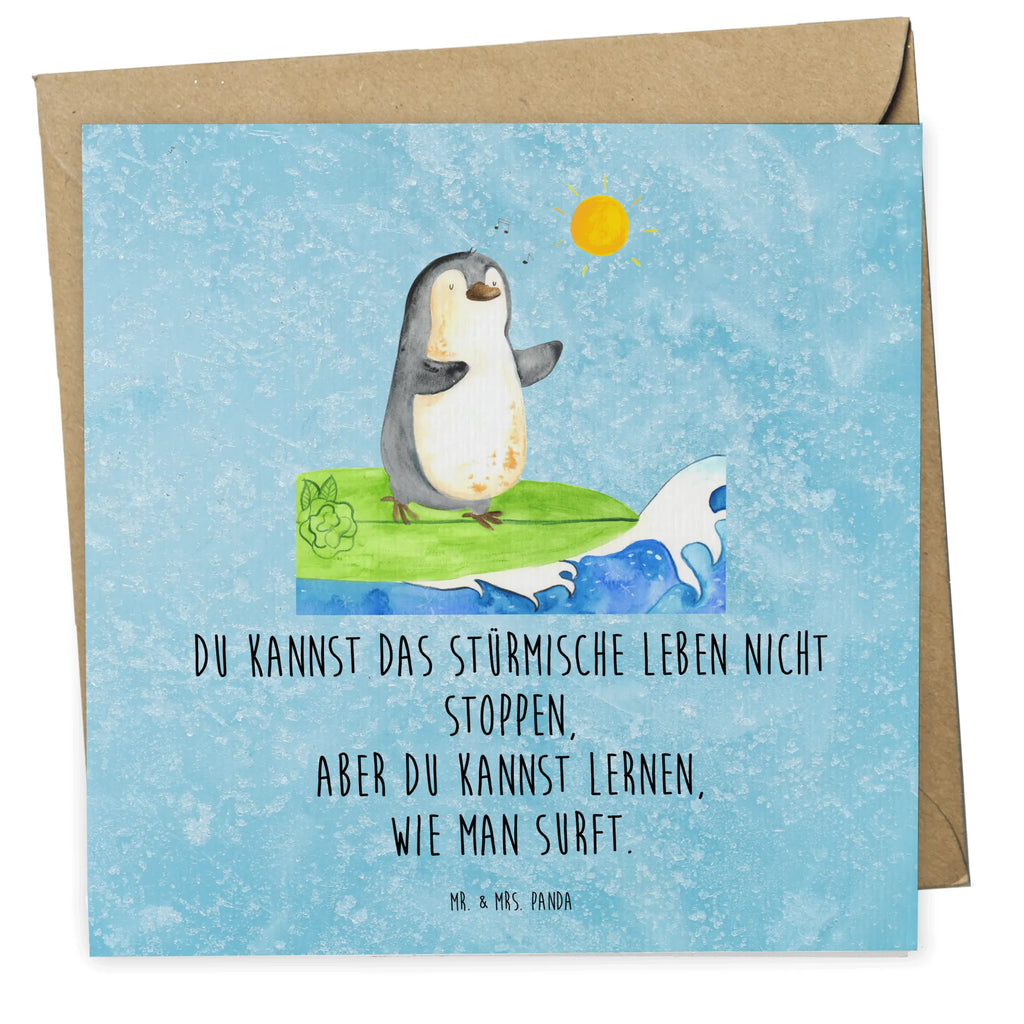 Deluxe Karte Pinguin Surfer Karte, Grußkarte, Klappkarte, Einladungskarte, Glückwunschkarte, Hochzeitskarte, Geburtstagskarte, Hochwertige Grußkarte, Hochwertige Klappkarte, Pinguin, Pinguine, surfen, Surfer, Hawaii, Urlaub, Wellen, Wellen reiten, Portugal