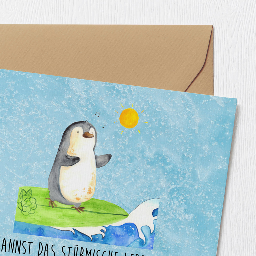 Deluxe Karte Pinguin Surfer Karte, Grußkarte, Klappkarte, Einladungskarte, Glückwunschkarte, Hochzeitskarte, Geburtstagskarte, Hochwertige Grußkarte, Hochwertige Klappkarte, Pinguin, Pinguine, surfen, Surfer, Hawaii, Urlaub, Wellen, Wellen reiten, Portugal