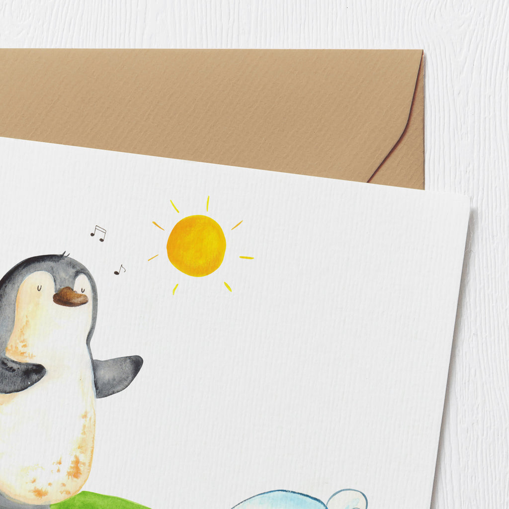 Deluxe Karte Pinguin Surfer Karte, Grußkarte, Klappkarte, Einladungskarte, Glückwunschkarte, Hochzeitskarte, Geburtstagskarte, Hochwertige Grußkarte, Hochwertige Klappkarte, Pinguin, Pinguine, surfen, Surfer, Hawaii, Urlaub, Wellen, Wellen reiten, Portugal