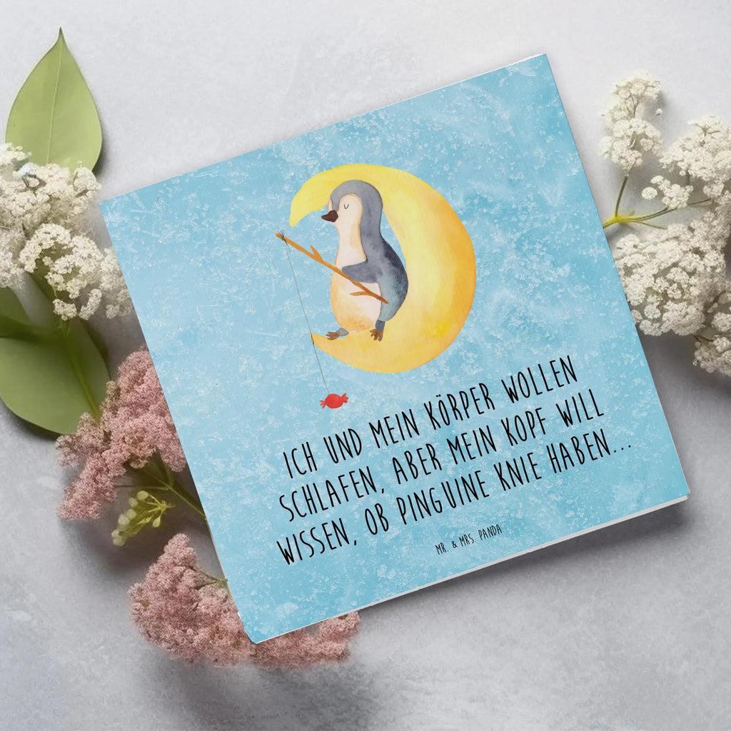 Deluxe Karte Pinguin Mond Karte, Grußkarte, Klappkarte, Einladungskarte, Glückwunschkarte, Hochzeitskarte, Geburtstagskarte, Hochwertige Grußkarte, Hochwertige Klappkarte, Pinguin, Pinguine, Spruch, schlafen, Nachtruhe, Einschlafen, Schlafzimmer, Schlafstörungen, Gästezimmer