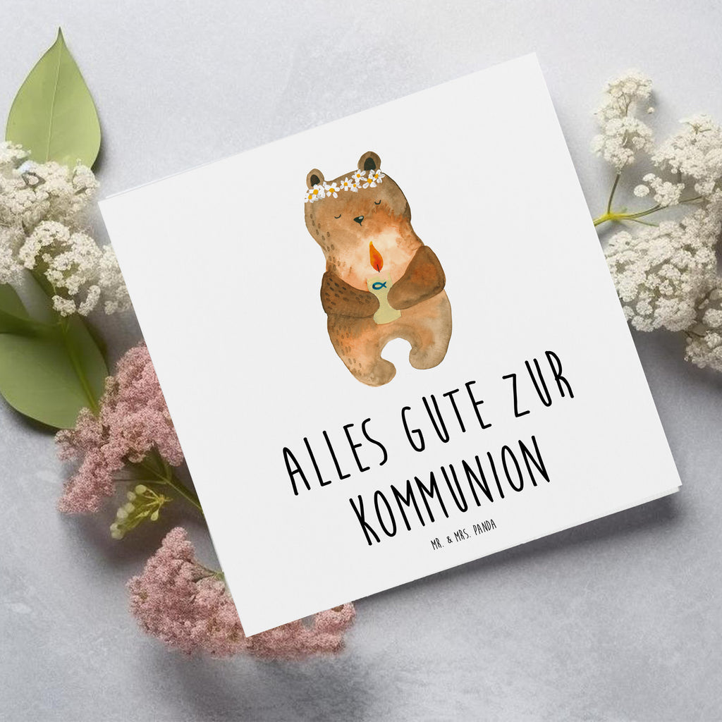 Deluxe Karte Bär Kommunion Karte, Grußkarte, Klappkarte, Einladungskarte, Glückwunschkarte, Hochzeitskarte, Geburtstagskarte, Hochwertige Grußkarte, Hochwertige Klappkarte, Bär, Teddy, Teddybär, Kommunion, Gottes Segen, Taufkerze, katholisch