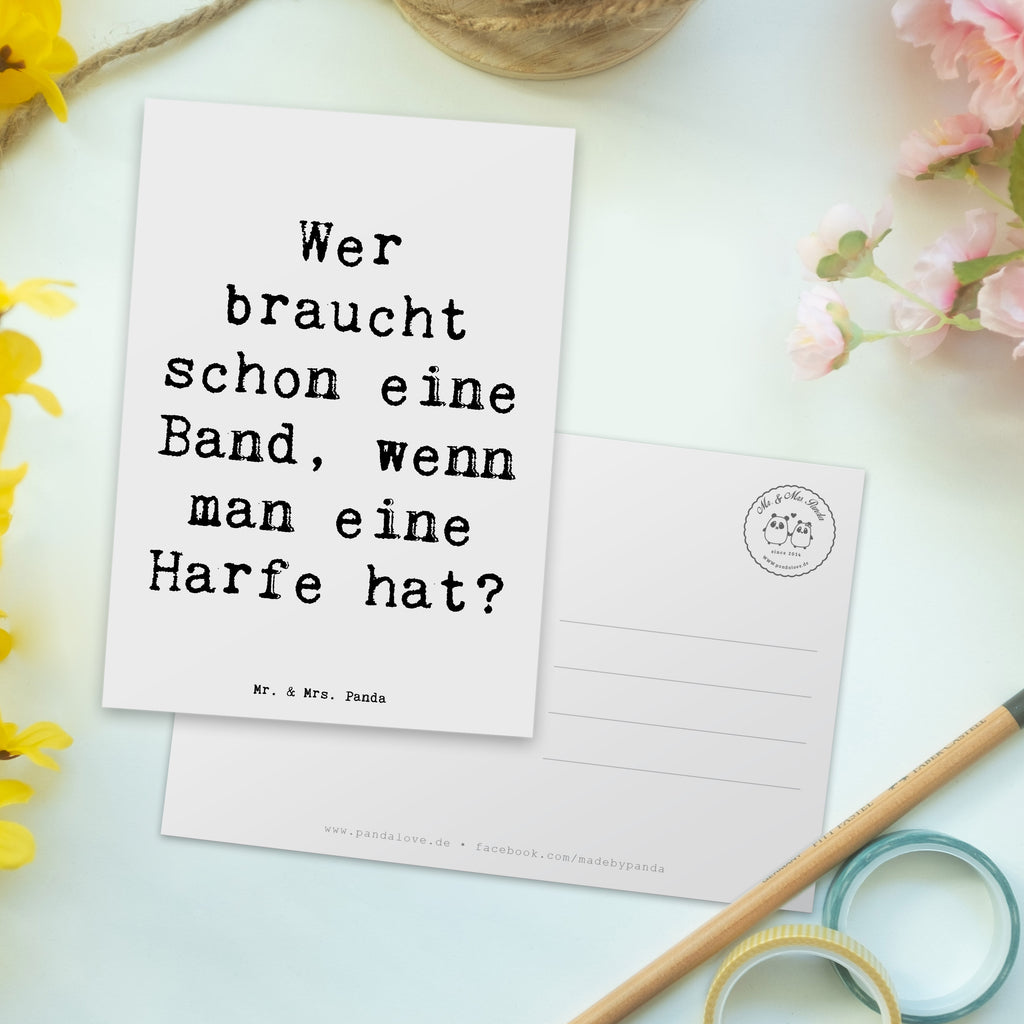 Postkarte Spruch Wer braucht schon eine Band, wenn man eine Harfe hat? Postkarte, Karte, Geschenkkarte, Grußkarte, Einladung, Ansichtskarte, Geburtstagskarte, Einladungskarte, Dankeskarte, Ansichtskarten, Einladung Geburtstag, Einladungskarten Geburtstag, Instrumente, Geschenke Musiker, Musikliebhaber