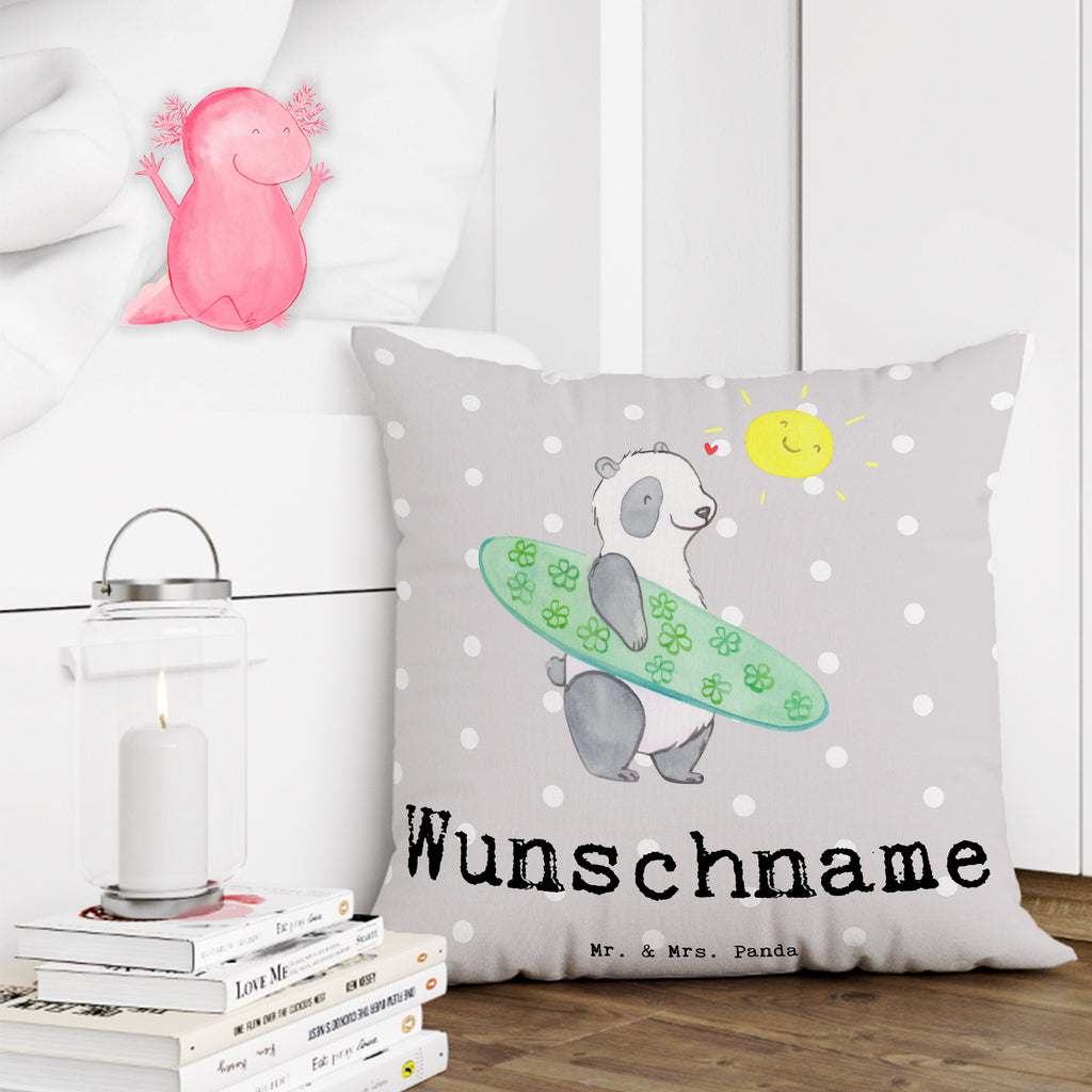 Personalisiertes Kissen Panda Surfen Kissen, personalisiert, Name, Wunschname, bedrucken, Kopfkissen, Geschenk, Sport, Sportart, Hobby, Schenken, Danke, Dankeschön, Auszeichnung, Gewinn, Sportler, Wellenreiten, Surfen, Surfschule