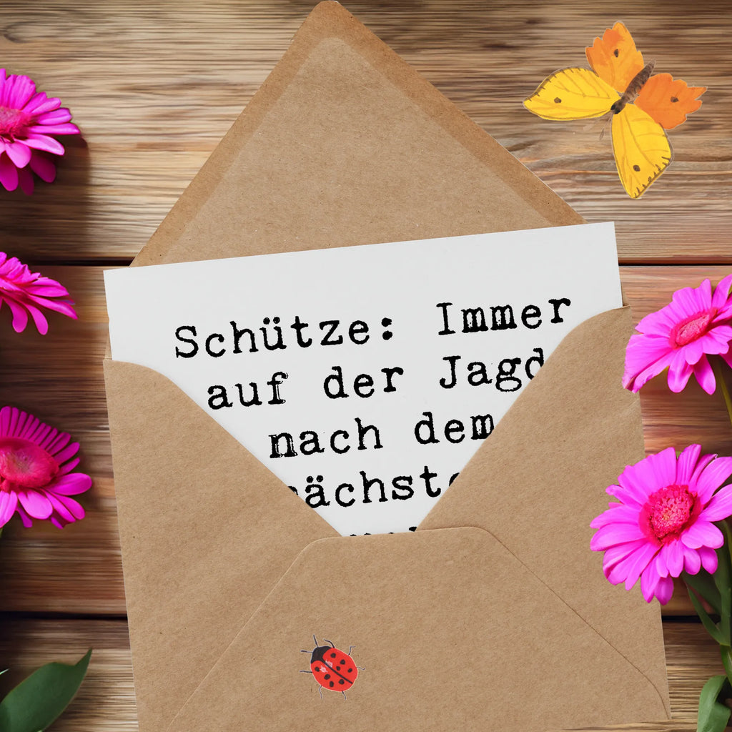 Deluxe Karte Spruch Abenteuer Schütze Karte, Grußkarte, Klappkarte, Einladungskarte, Glückwunschkarte, Hochzeitskarte, Geburtstagskarte, Hochwertige Grußkarte, Hochwertige Klappkarte, Tierkreiszeichen, Sternzeichen, Horoskop, Astrologie, Aszendent