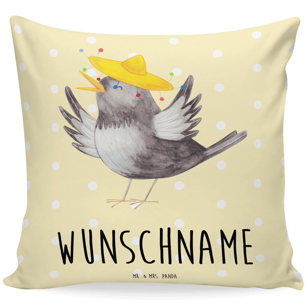 Personalisiertes Kissen Rabe mit Sombrero Kissen, personalisiert, Name, Wunschname, bedrucken, Kopfkissen, Tiermotive, Gute Laune, lustige Sprüche, Tiere, Rabe, Vogel, Vögel, Spruch positiv, fröhlich sein, glücklich sein, Glück Spruch, froh, Elster, Motivation