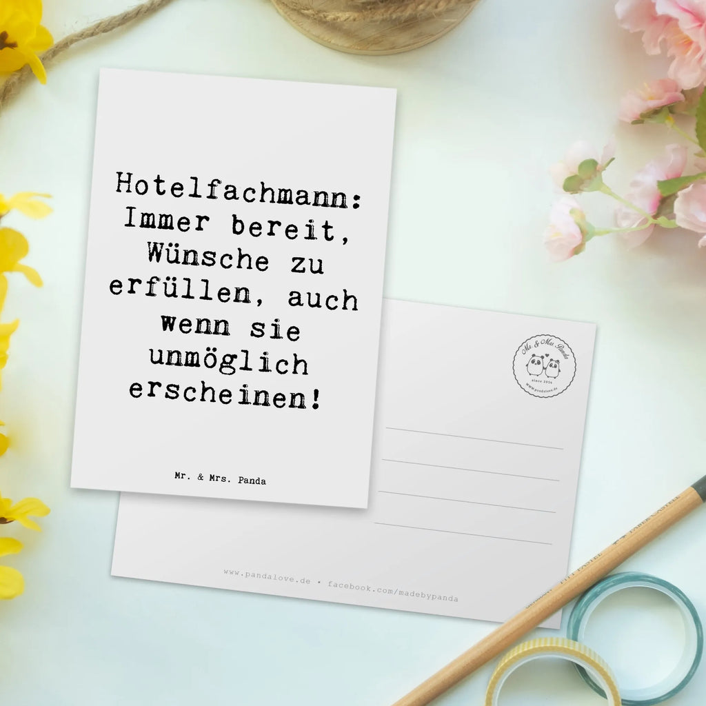 Postkarte Spruch Hotelfachmann: Immer bereit, Wünsche zu erfüllen, auch wenn sie unmöglich erscheinen! Postkarte, Karte, Geschenkkarte, Grußkarte, Einladung, Ansichtskarte, Geburtstagskarte, Einladungskarte, Dankeskarte, Ansichtskarten, Einladung Geburtstag, Einladungskarten Geburtstag, Beruf, Ausbildung, Jubiläum, Abschied, Rente, Kollege, Kollegin, Geschenk, Schenken, Arbeitskollege, Mitarbeiter, Firma, Danke, Dankeschön