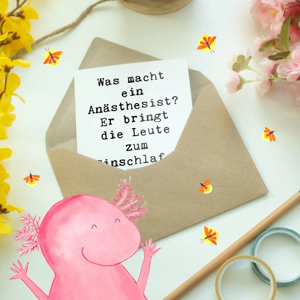Grußkarte Spruch Was macht ein Anästhesist? Er bringt die Leute zum Einschlafen - und sie lieben ihn trotzdem! Grußkarte, Klappkarte, Einladungskarte, Glückwunschkarte, Hochzeitskarte, Geburtstagskarte, Karte, Ansichtskarten, Beruf, Ausbildung, Jubiläum, Abschied, Rente, Kollege, Kollegin, Geschenk, Schenken, Arbeitskollege, Mitarbeiter, Firma, Danke, Dankeschön