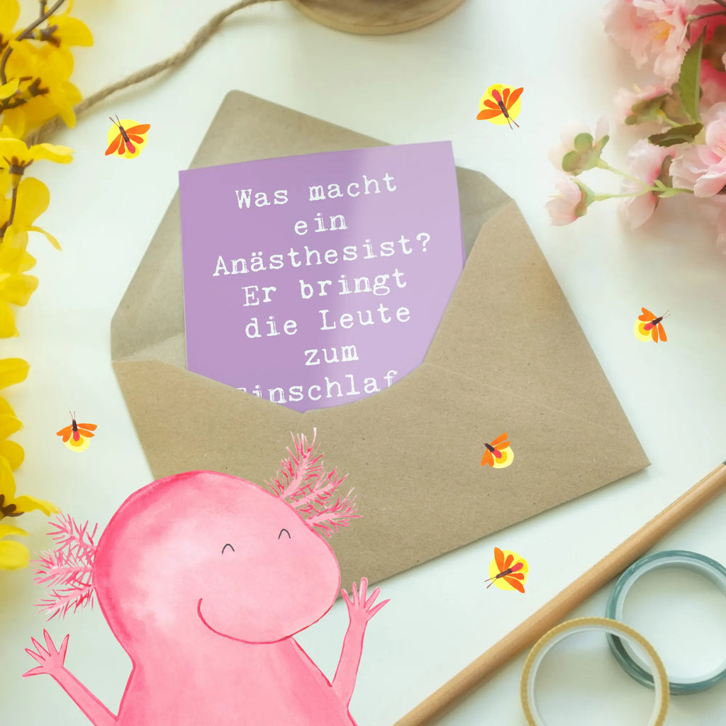 Grußkarte Spruch Was macht ein Anästhesist? Er bringt die Leute zum Einschlafen - und sie lieben ihn trotzdem! Grußkarte, Klappkarte, Einladungskarte, Glückwunschkarte, Hochzeitskarte, Geburtstagskarte, Karte, Ansichtskarten, Beruf, Ausbildung, Jubiläum, Abschied, Rente, Kollege, Kollegin, Geschenk, Schenken, Arbeitskollege, Mitarbeiter, Firma, Danke, Dankeschön