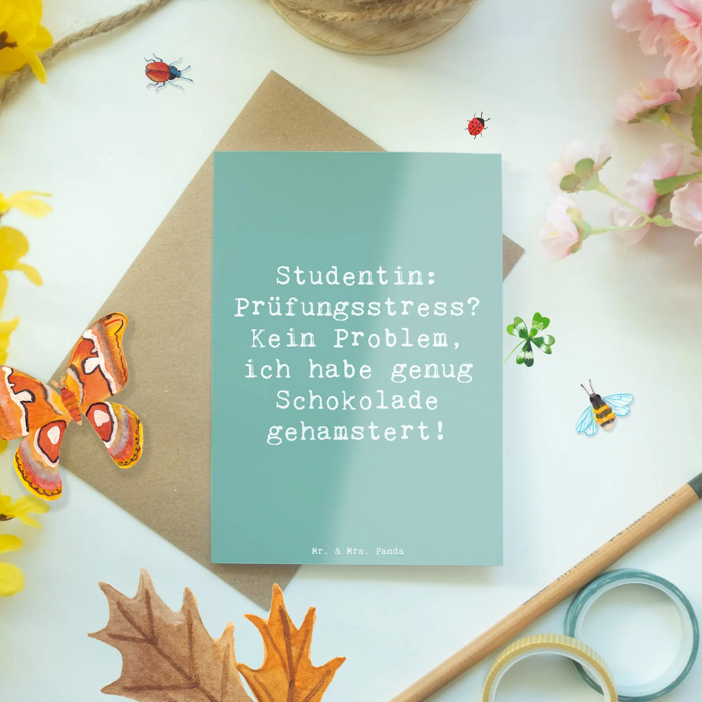 Grußkarte Spruch Studentin: Prüfungsstress? Kein Problem, ich habe genug Schokolade gehamstert! Grußkarte, Klappkarte, Einladungskarte, Glückwunschkarte, Hochzeitskarte, Geburtstagskarte, Karte, Ansichtskarten, Beruf, Ausbildung, Jubiläum, Abschied, Rente, Kollege, Kollegin, Geschenk, Schenken, Arbeitskollege, Mitarbeiter, Firma, Danke, Dankeschön