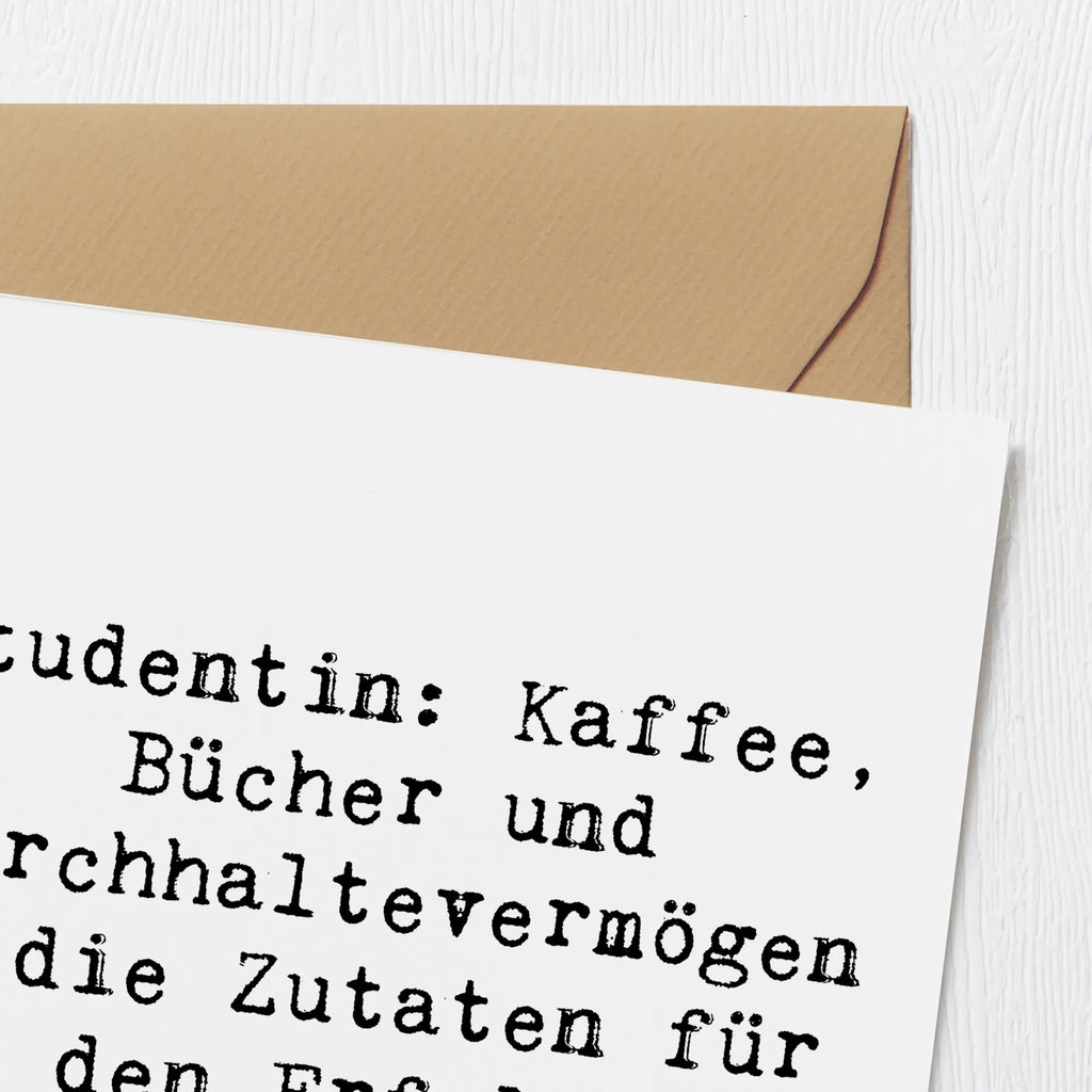 Deluxe Karte Spruch Studentin: Kaffee, Bücher und Durchhaltevermögen - die Zutaten für den Erfolg! Karte, Grußkarte, Klappkarte, Einladungskarte, Glückwunschkarte, Hochzeitskarte, Geburtstagskarte, Hochwertige Grußkarte, Hochwertige Klappkarte, Beruf, Ausbildung, Jubiläum, Abschied, Rente, Kollege, Kollegin, Geschenk, Schenken, Arbeitskollege, Mitarbeiter, Firma, Danke, Dankeschön