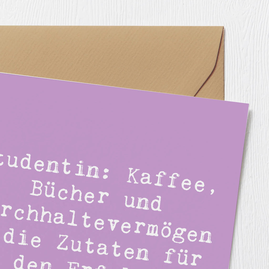 Deluxe Karte Spruch Studentin: Kaffee, Bücher und Durchhaltevermögen - die Zutaten für den Erfolg! Karte, Grußkarte, Klappkarte, Einladungskarte, Glückwunschkarte, Hochzeitskarte, Geburtstagskarte, Hochwertige Grußkarte, Hochwertige Klappkarte, Beruf, Ausbildung, Jubiläum, Abschied, Rente, Kollege, Kollegin, Geschenk, Schenken, Arbeitskollege, Mitarbeiter, Firma, Danke, Dankeschön