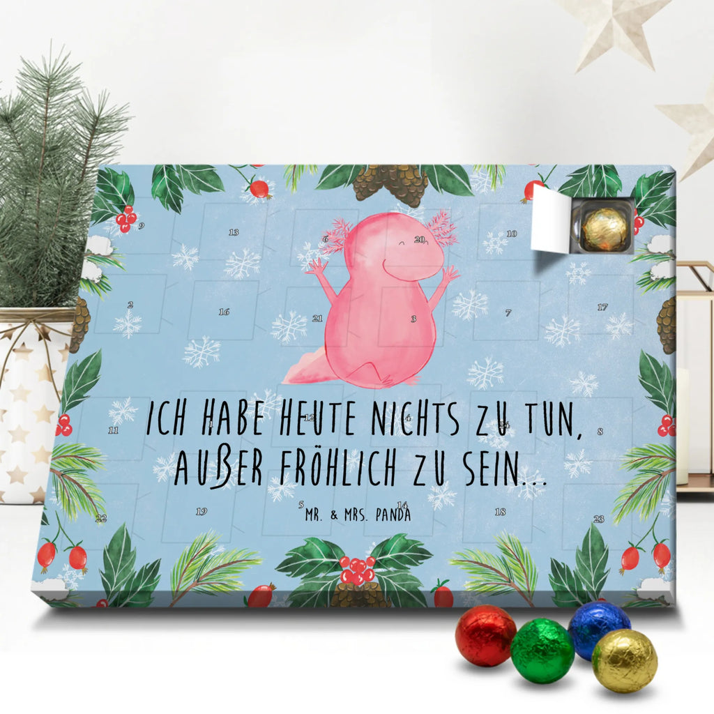 Schoko Adventskalender Axolotl Hurra Adventskalender, Schokoladen Adventskalender, Schoko Adventskalender, Axolotl, Molch, Axolot, Schwanzlurch, Lurch, Lurche, fröhlich, Spaß, Freude, Motivation, Zufriedenheit