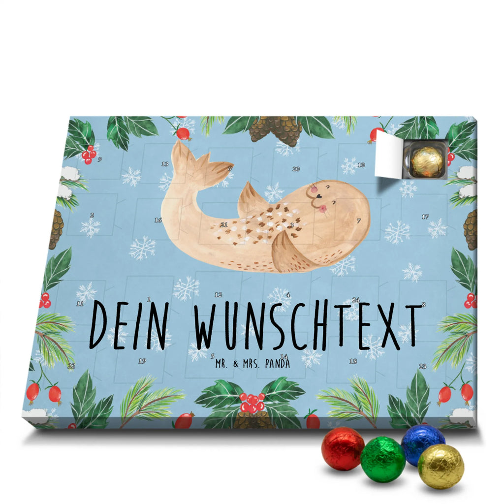 Personalisierter Schoko Adventskalender Robbe Liegen Personalisierter Adventskalender, Adventskalender mit Namen, Tiermotive, Gute Laune, lustige Sprüche, Tiere, Robbe, Robben, Seehund, Strand, Meerestier, Ostsee, Nordsee, Lachen, Freude