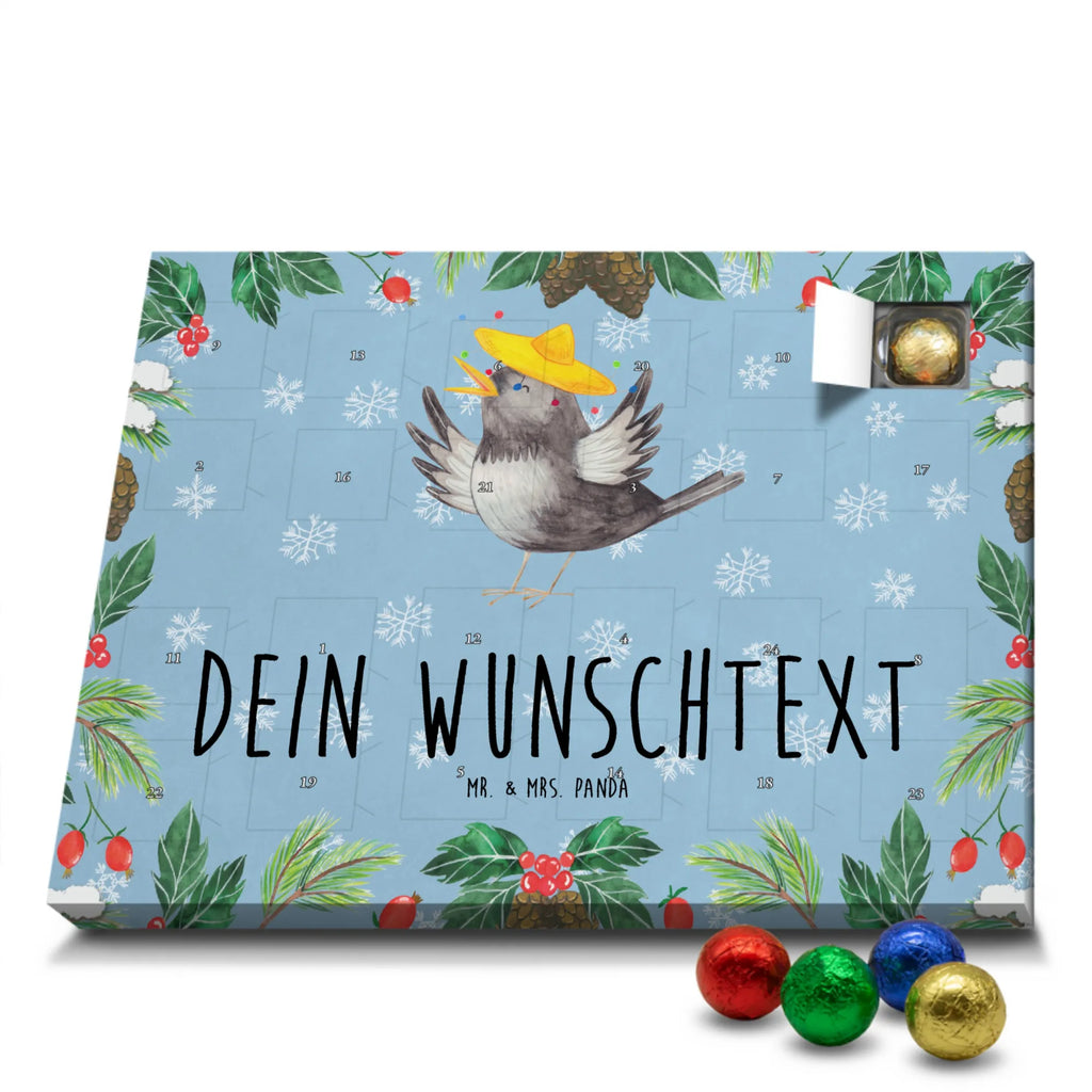 Personalisierter Schoko Adventskalender Rabe Sombrero Personalisierter Adventskalender, Adventskalender mit Namen, Tiermotive, Gute Laune, lustige Sprüche, Tiere, Rabe, Vogel, Vögel, Spruch positiv, fröhlich sein, glücklich sein, Glück Spruch, froh, Elster, Motivation