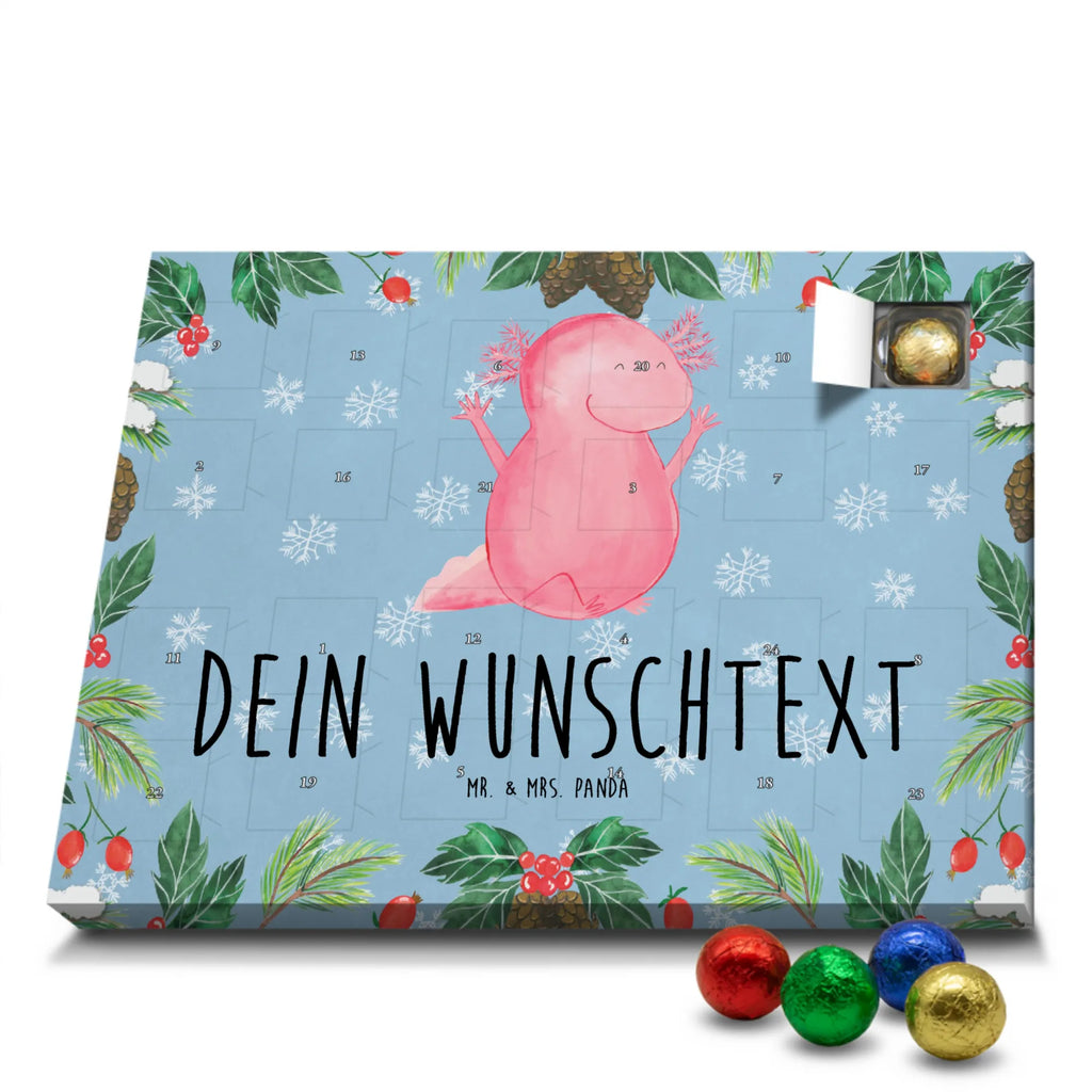 Personalisierter Schoko Adventskalender Axolotl Hurra Personalisierter Adventskalender, Adventskalender mit Namen, Axolotl, Molch, Axolot, Schwanzlurch, Lurch, Lurche, fröhlich, Spaß, Freude, Motivation, Zufriedenheit