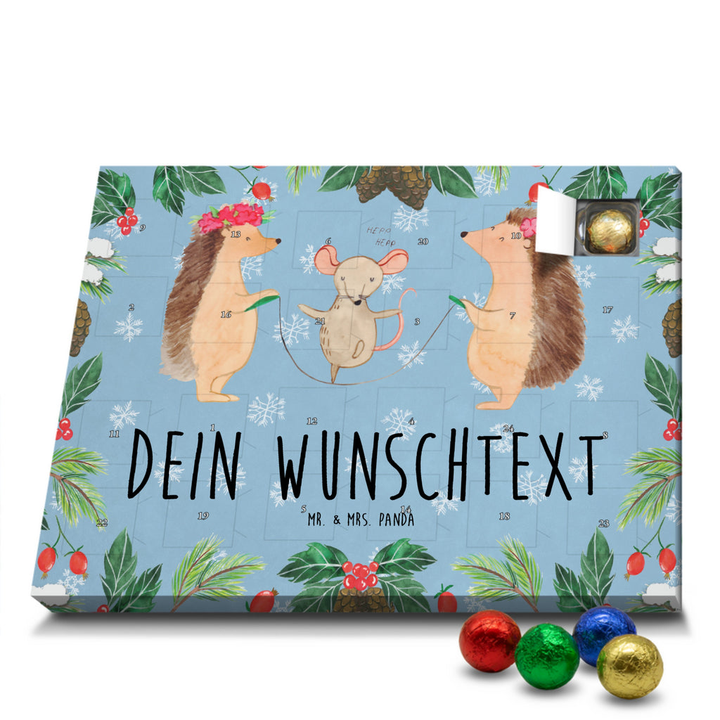 Personalisierter Schoko Adventskalender Igel Seilhüpfen Personalisierter Adventskalender, Adventskalender mit Namen, Tiermotive, Gute Laune, lustige Sprüche, Tiere, Igel, Maus, Seilspringen, Seilhüpfen, Kinder, Kindergarten