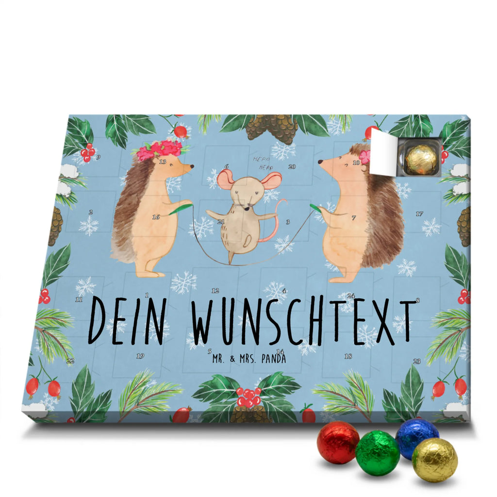 Personalisierter Schoko Adventskalender Igel Seilhüpfen Personalisierter Adventskalender, Adventskalender mit Namen, Tiermotive, Gute Laune, lustige Sprüche, Tiere, Igel, Maus, Seilspringen, Seilhüpfen, Kinder, Kindergarten