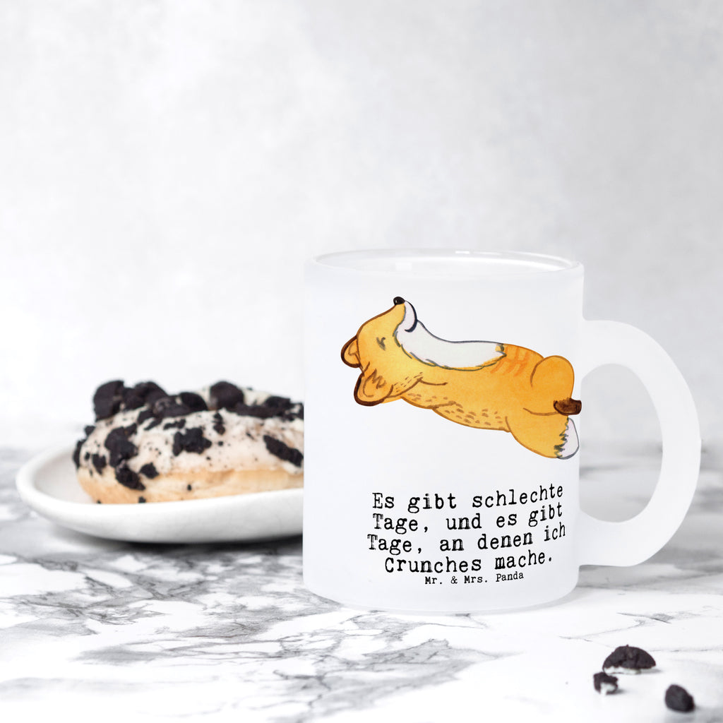 Teetasse Fuchs Crunches Tage Teetasse, Teeglas, Teebecher, Tasse mit Henkel, Tasse, Glas Teetasse, Teetasse aus Glas, Geschenk, Sport, Sportart, Hobby, Schenken, Danke, Dankeschön, Auszeichnung, Gewinn, Sportler, Crunches, Fitness, Bauchpressen, Fitnessstudio