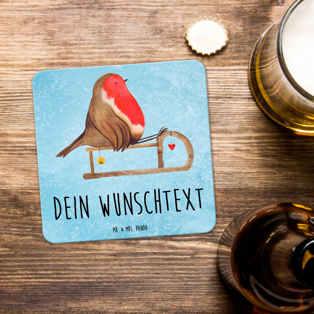 Personalisiertes Untersetzer Set Rotkehlchen Schlitten Personalisierte Untersetzer, Winter, Weihnachten, Weihnachtsdeko, Nikolaus, Advent, Heiligabend, Wintermotiv, Schlitten, Vogel